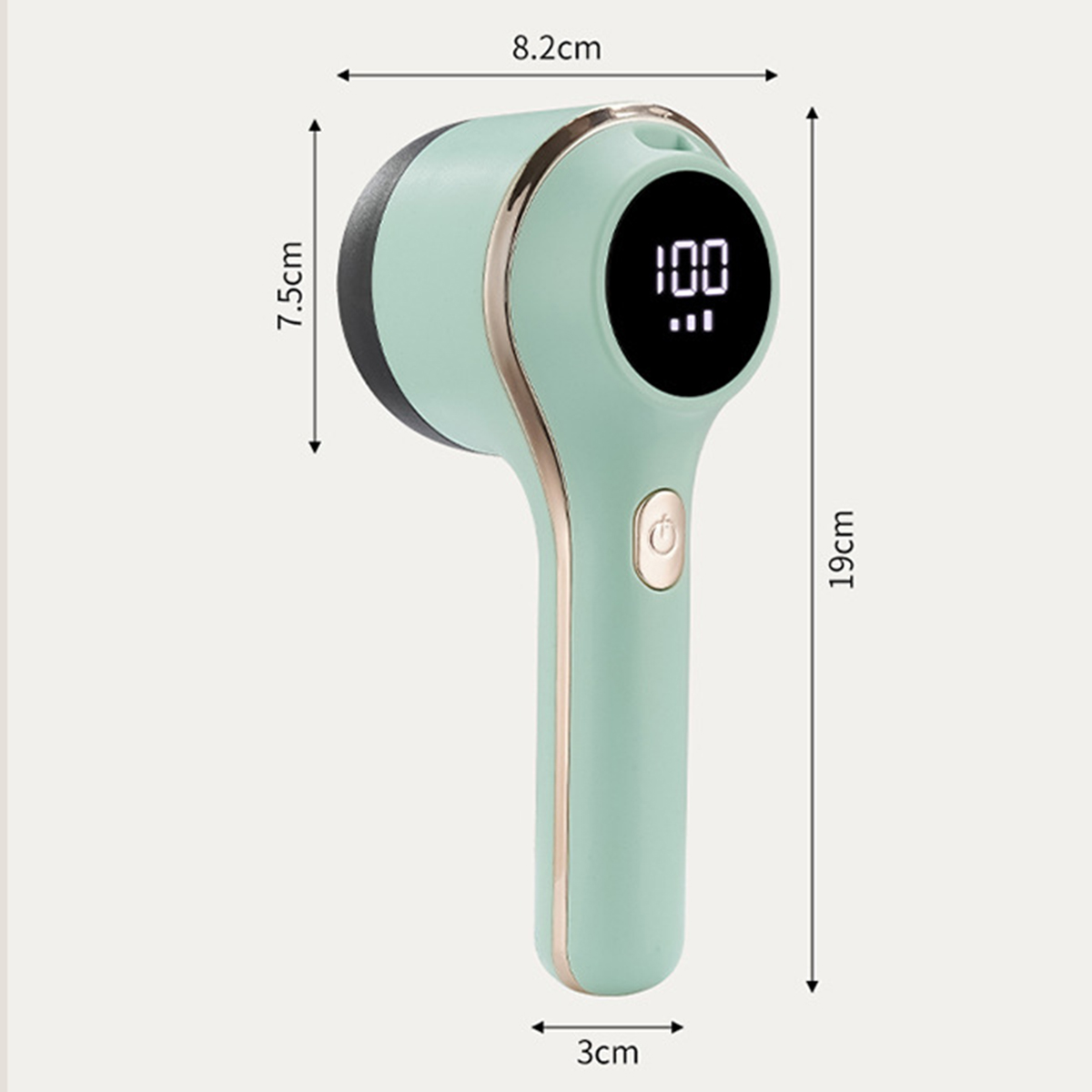 Ein mintgrüner Stoffrasierer mit den angegebenen Abmessungen: 19 cm und 8,2 cm.