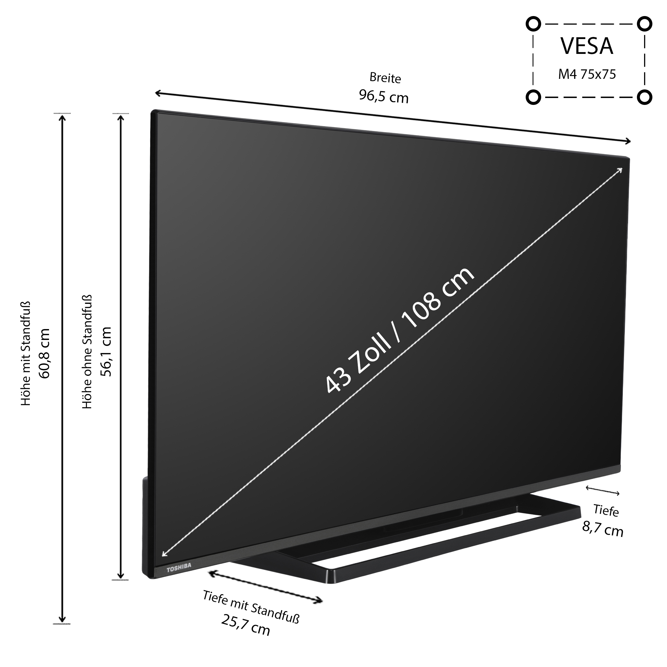 TOSHIBA 43LV3E63DAZ (Flat, cm, 43 Full-HD, SMART LED TV Zoll 43 / TV)