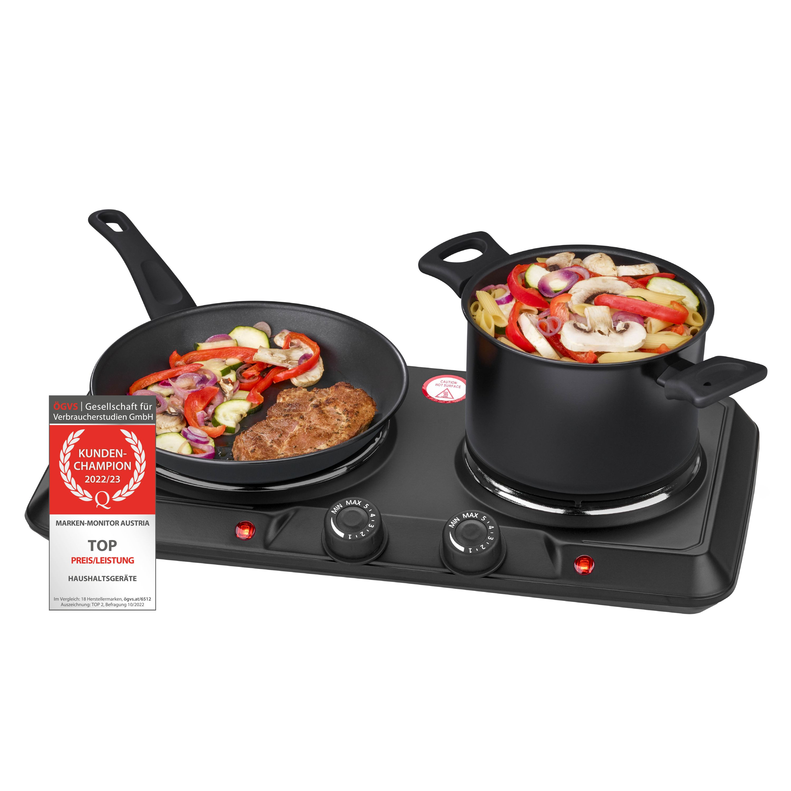 Elektrisches Kochfeld mit zwei Kochfeldern, einer Bratpfanne und einem Topf mit Essen.