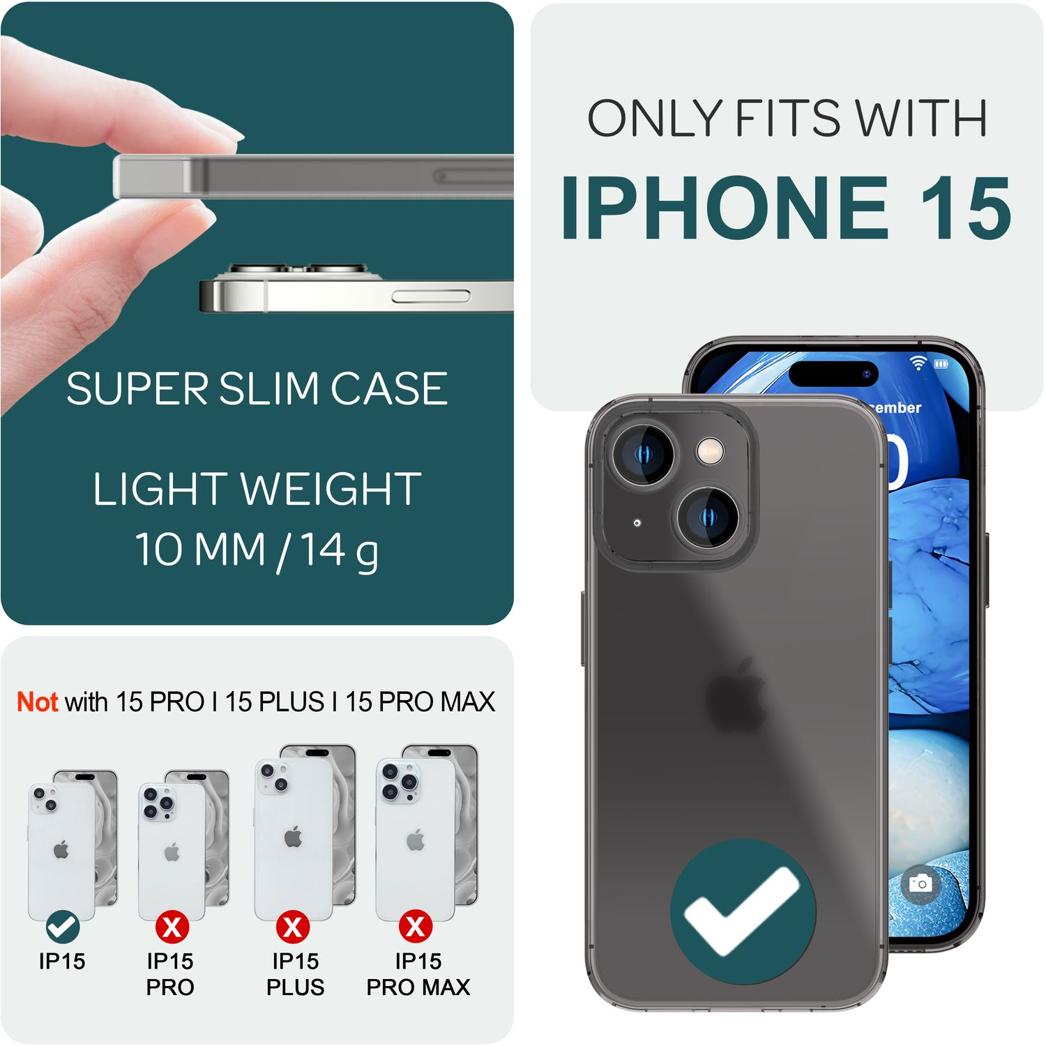 Publicité pour un étui de téléphone avec le texte 'ONLY FITS WITH IPHONE 15'. L'étui est sur un téléphone.