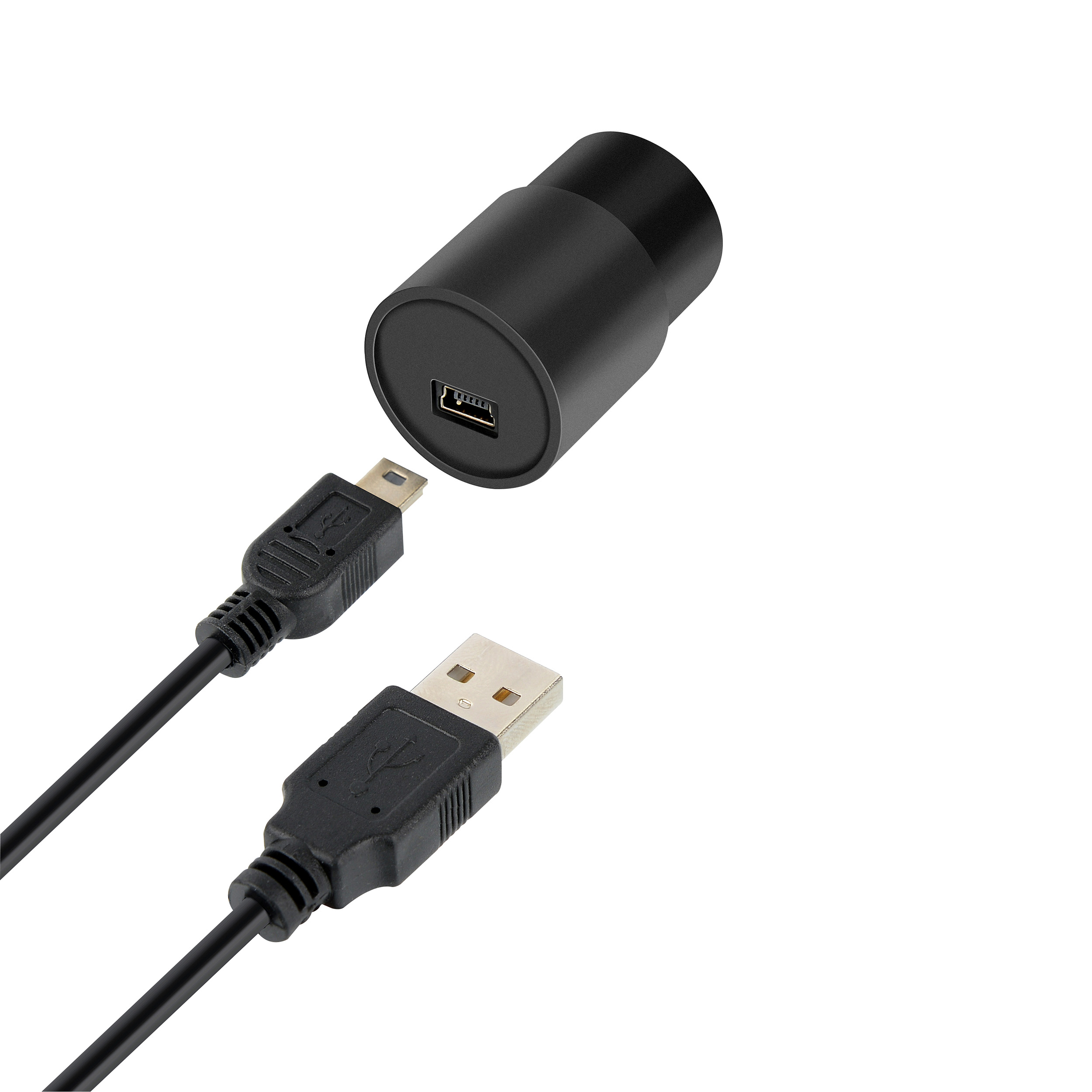 Ein schwarzer USB-Ladeadapter und ein USB-Kabel. Weißer Hintergrund.