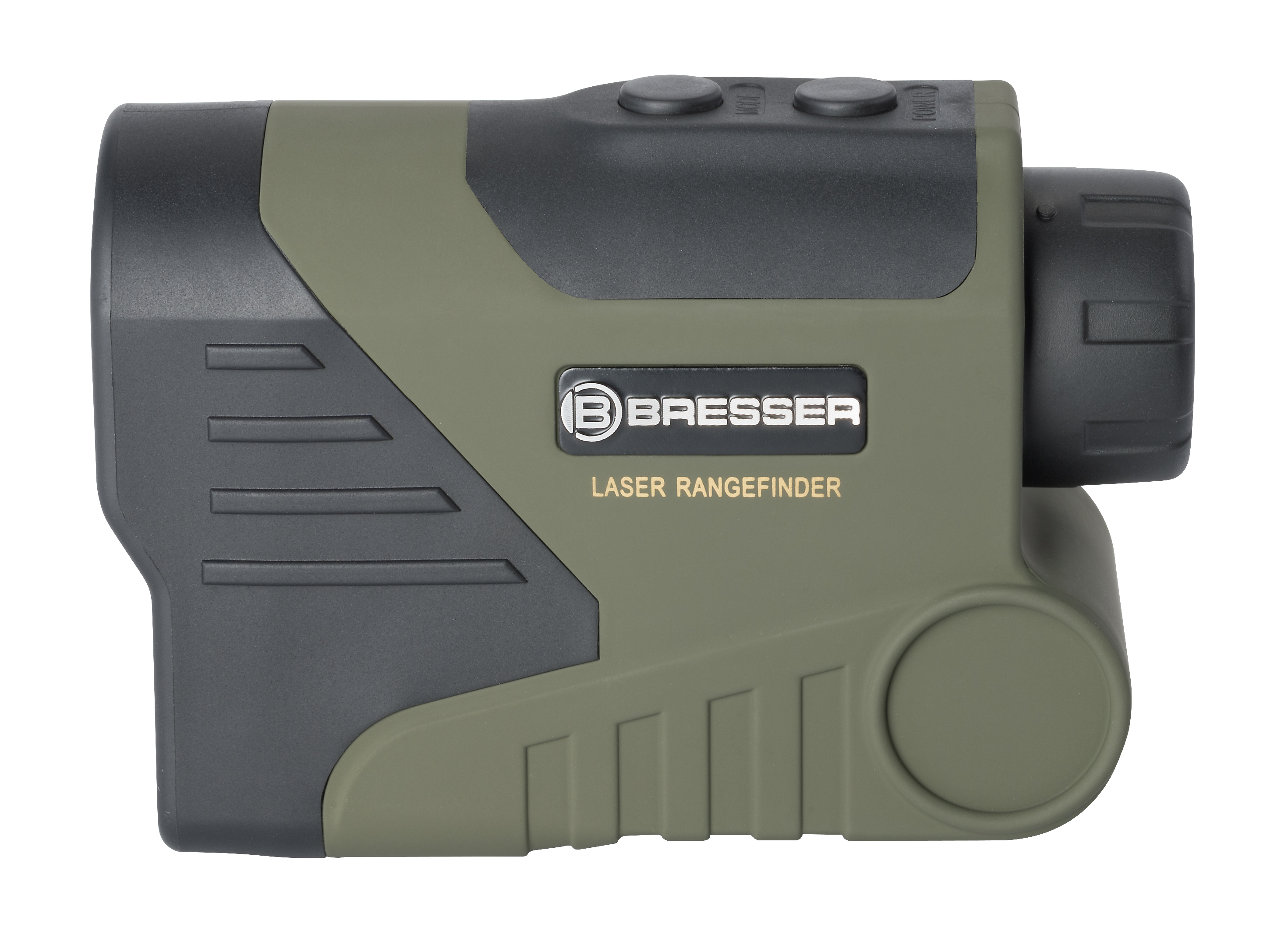 Telémetro láser verde y negro. La marca "BRESSER" está impresa en el frente.