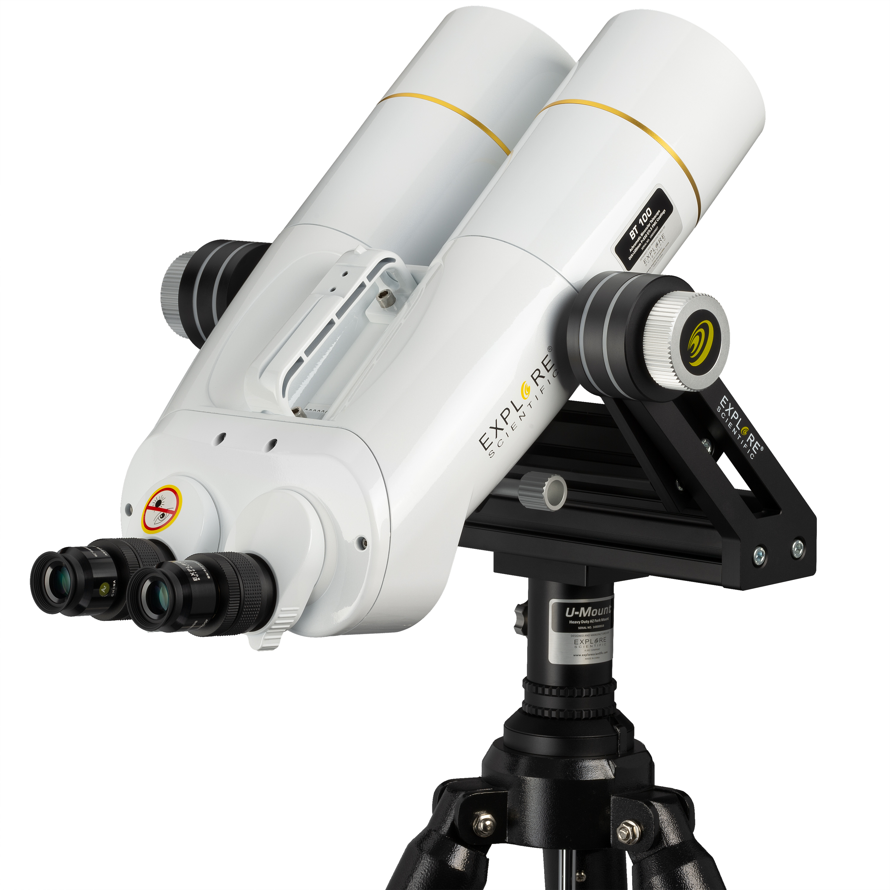 Telescopio binocular blanco sobre trípode negro, inclinado hacia el espectador.