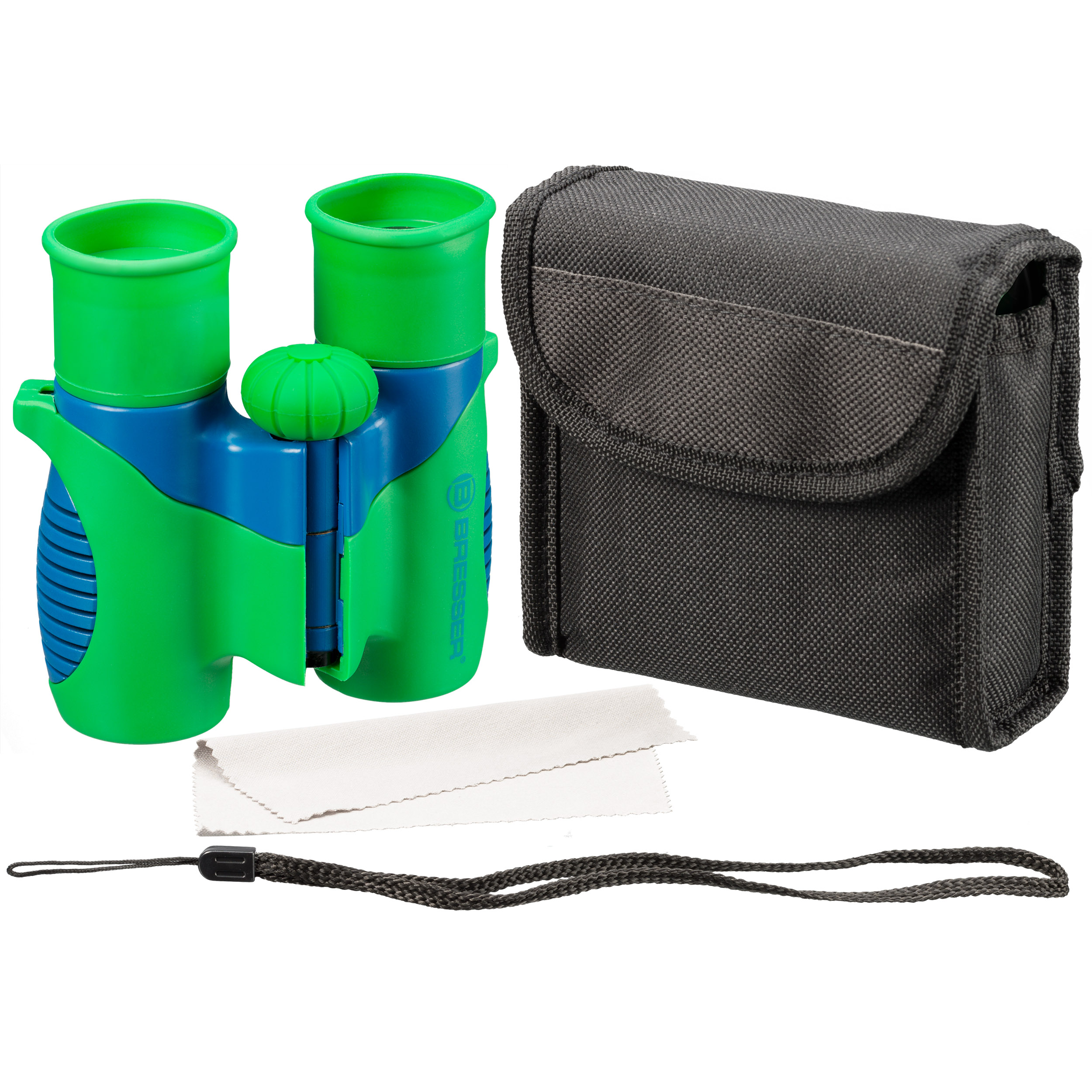 Un par de binoculares verdes y azules con una funda y correa negras, y paños de limpieza.