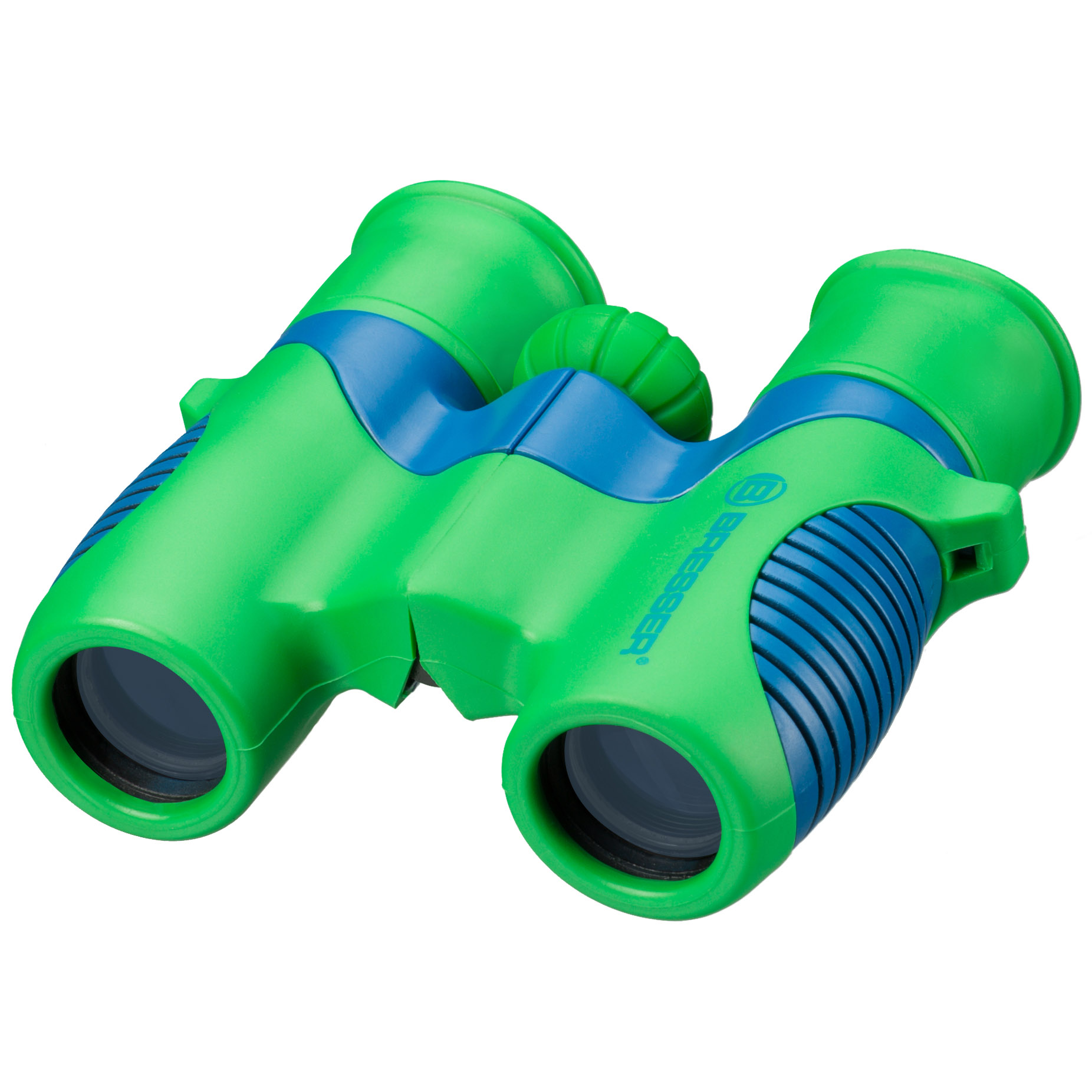 Prismáticos verdes y azules sobre un fondo blanco, con un logotipo de Bresser.