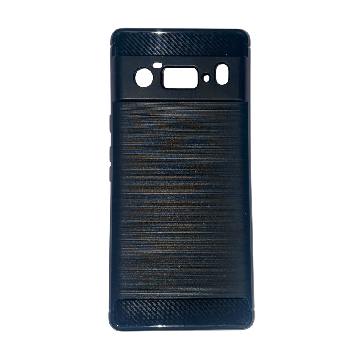 Custodia per telefono nera con un design strutturato. Ha ritagli per la fotocamera e i pulsanti.