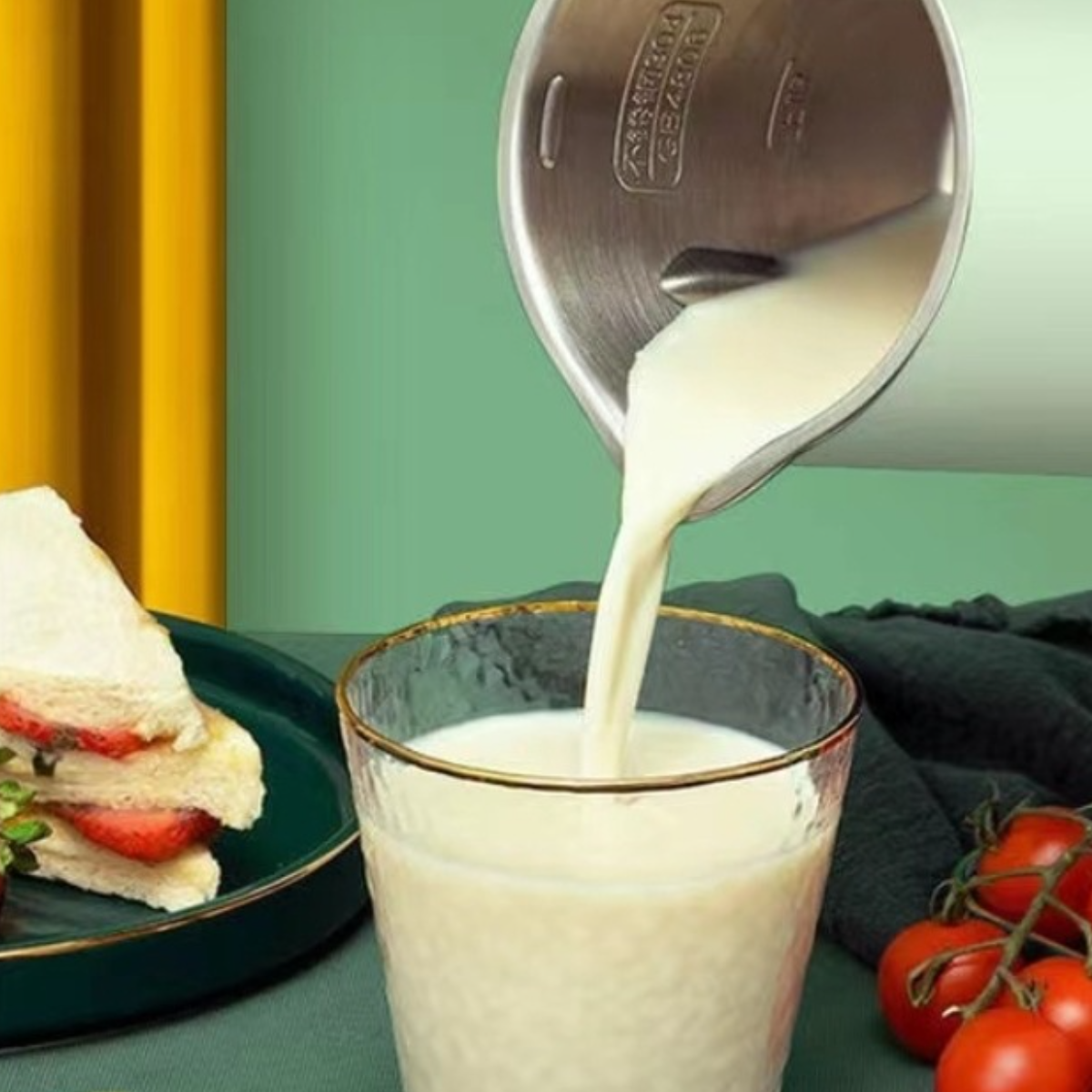 Milch gießt aus Metallkanne in Glas. Sandwich und Tomaten links.