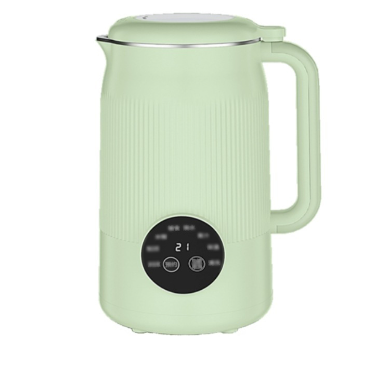 Grüner Wasserkocher mit digitaler Anzeige. Weißer Hintergrund.