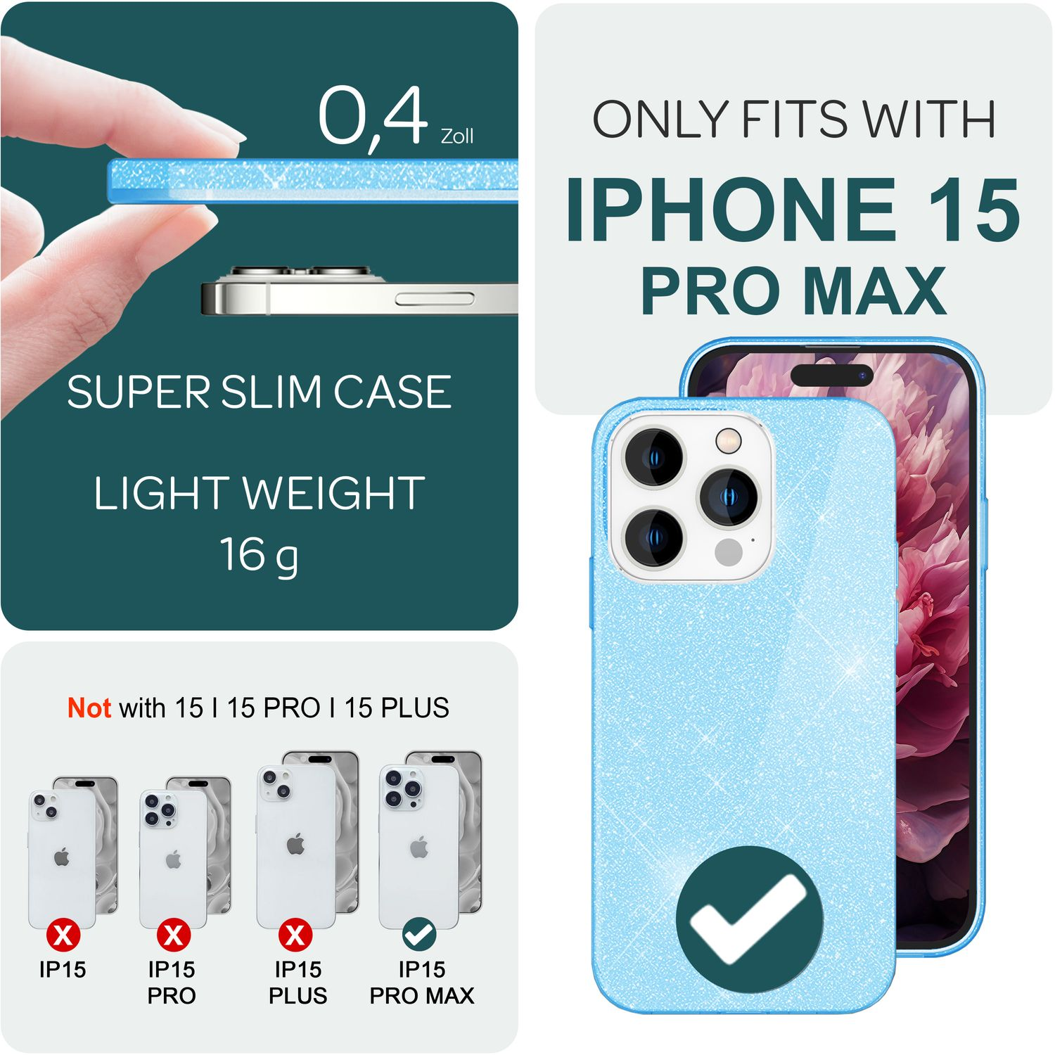 Eine hellblaue Handyhülle mit Telefon und Text für iPhone 15 Pro Max.