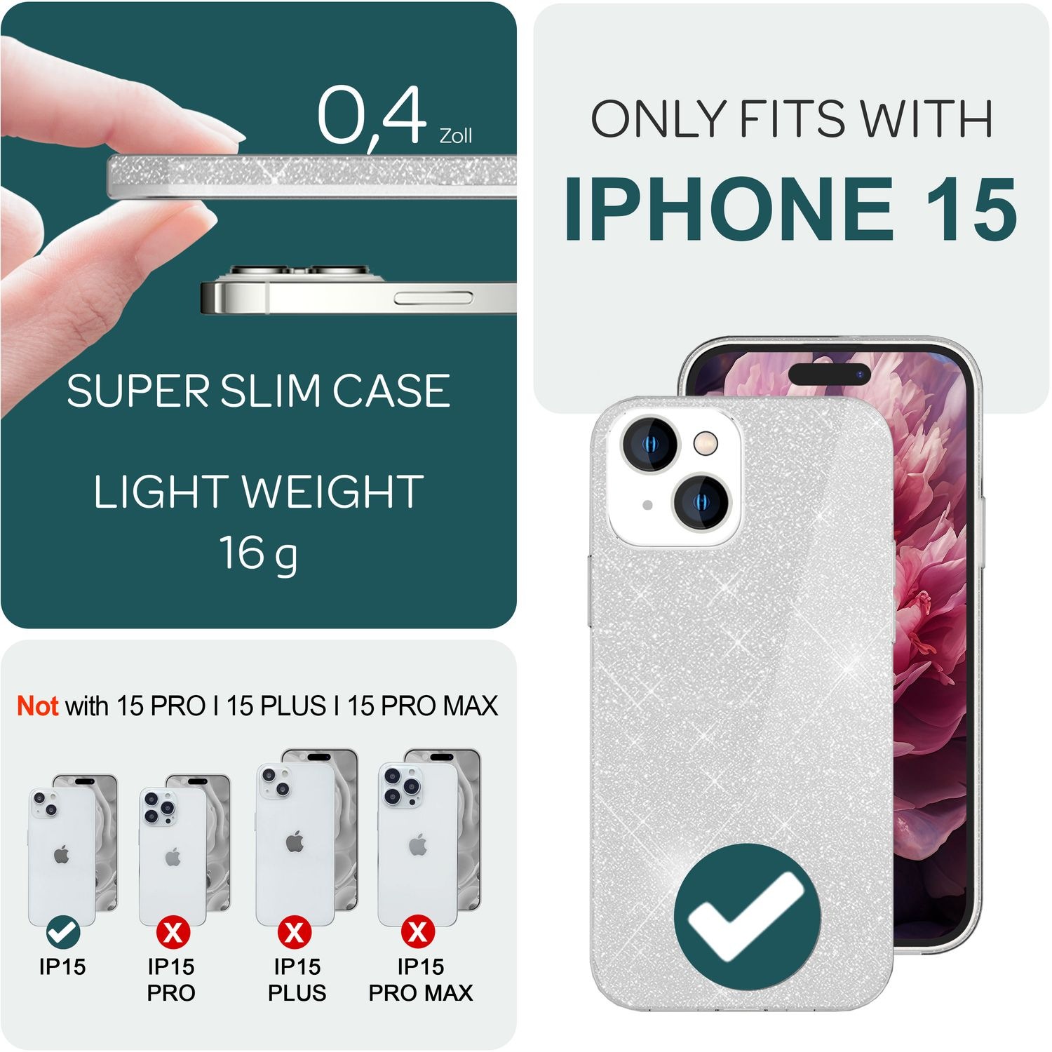 Silberne Handyhülle mit Telefon. Text: 'Super Slim Case' und 'Light Weight'.