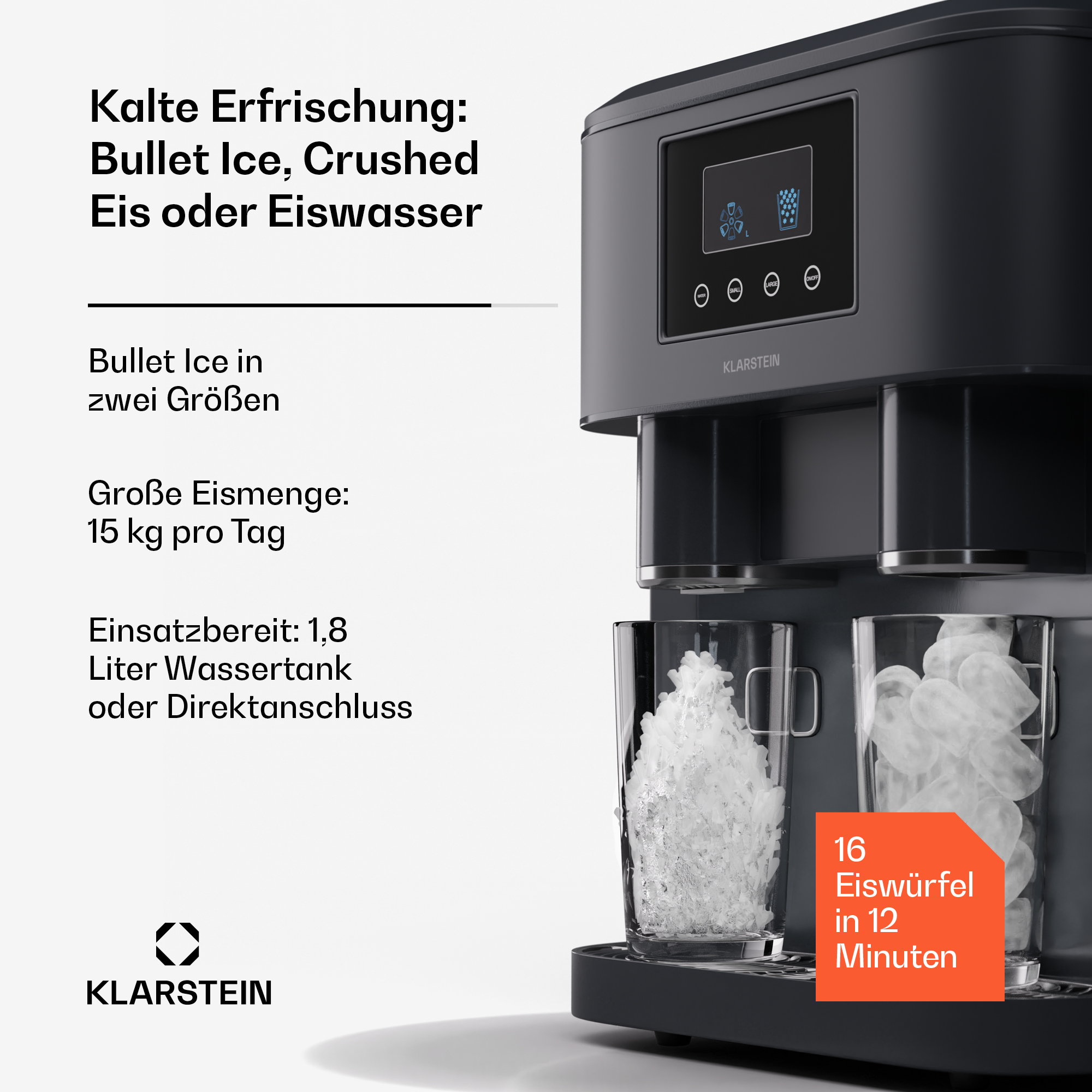 Ein Eisbereiter mit zwei Gläsern Eis und Text auf der Seite.