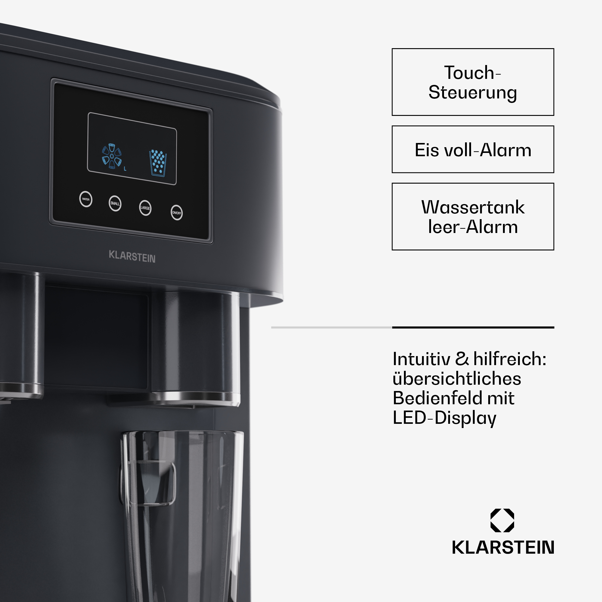 Dunkelgrauer Eisbereiter mit Bedienfeld und einem Glas. Textbeschriftungen.