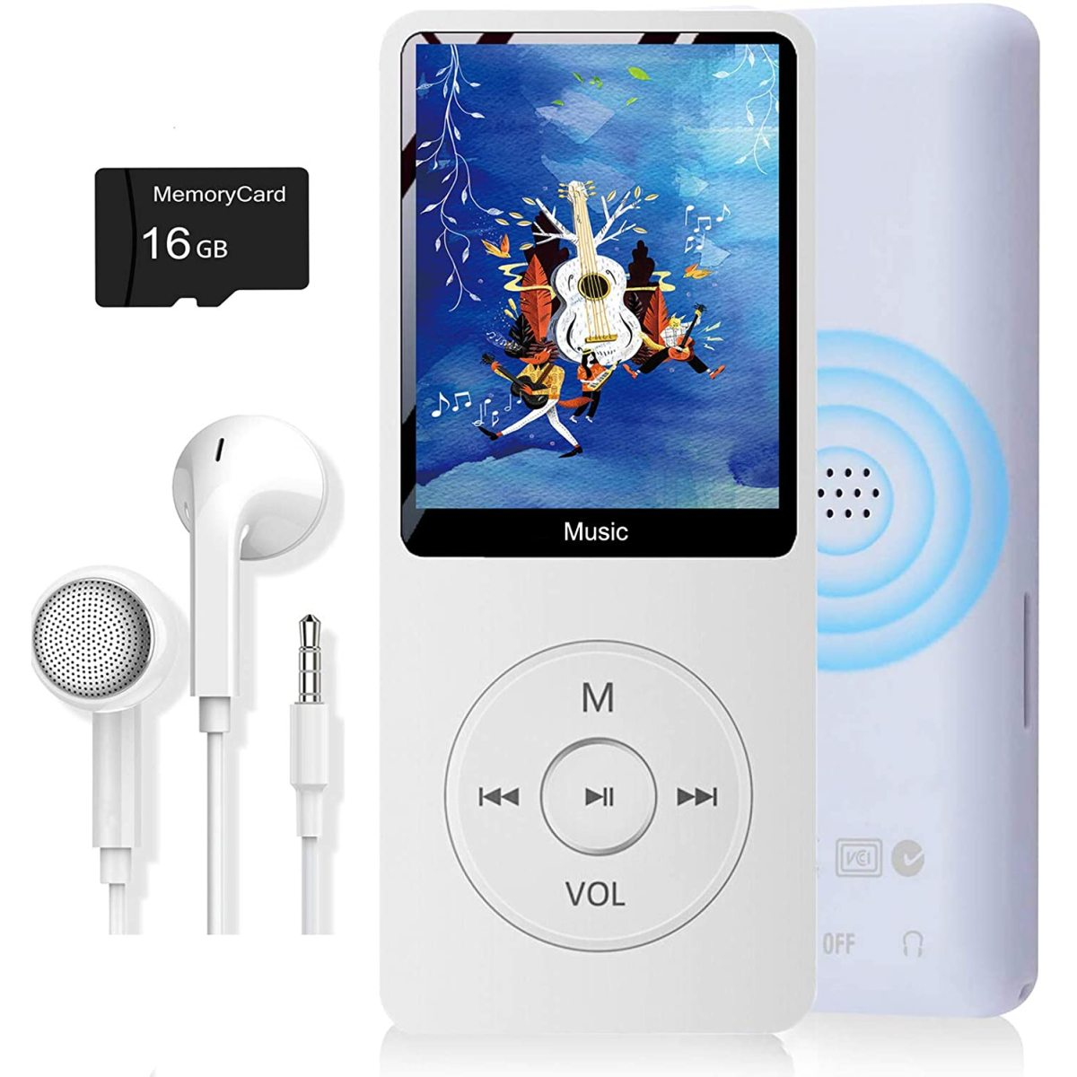 Weißer MP3-Player mit Bildschirm und Bedienelementen. Kommt mit Kopfhörern und einer Speicherkarte.