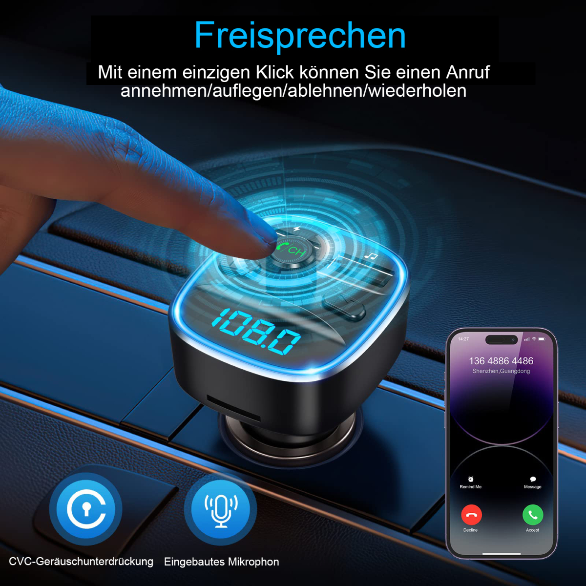 Auto-Bluetooth-Empfänger mit Anzeige 108.0, ein Telefon mit Anrufbildschirm und Touch-Bedienelementen.