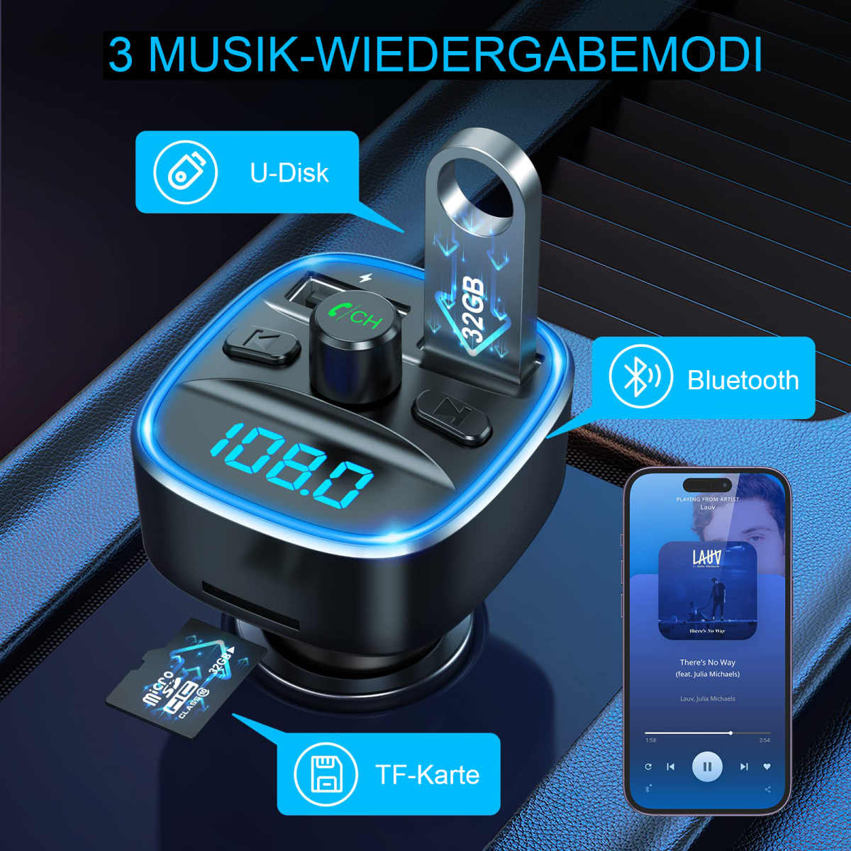 Ein schwarzes Autoradiogerät mit Bildschirm, SD-Karten- und USB-Steckplätzen.
