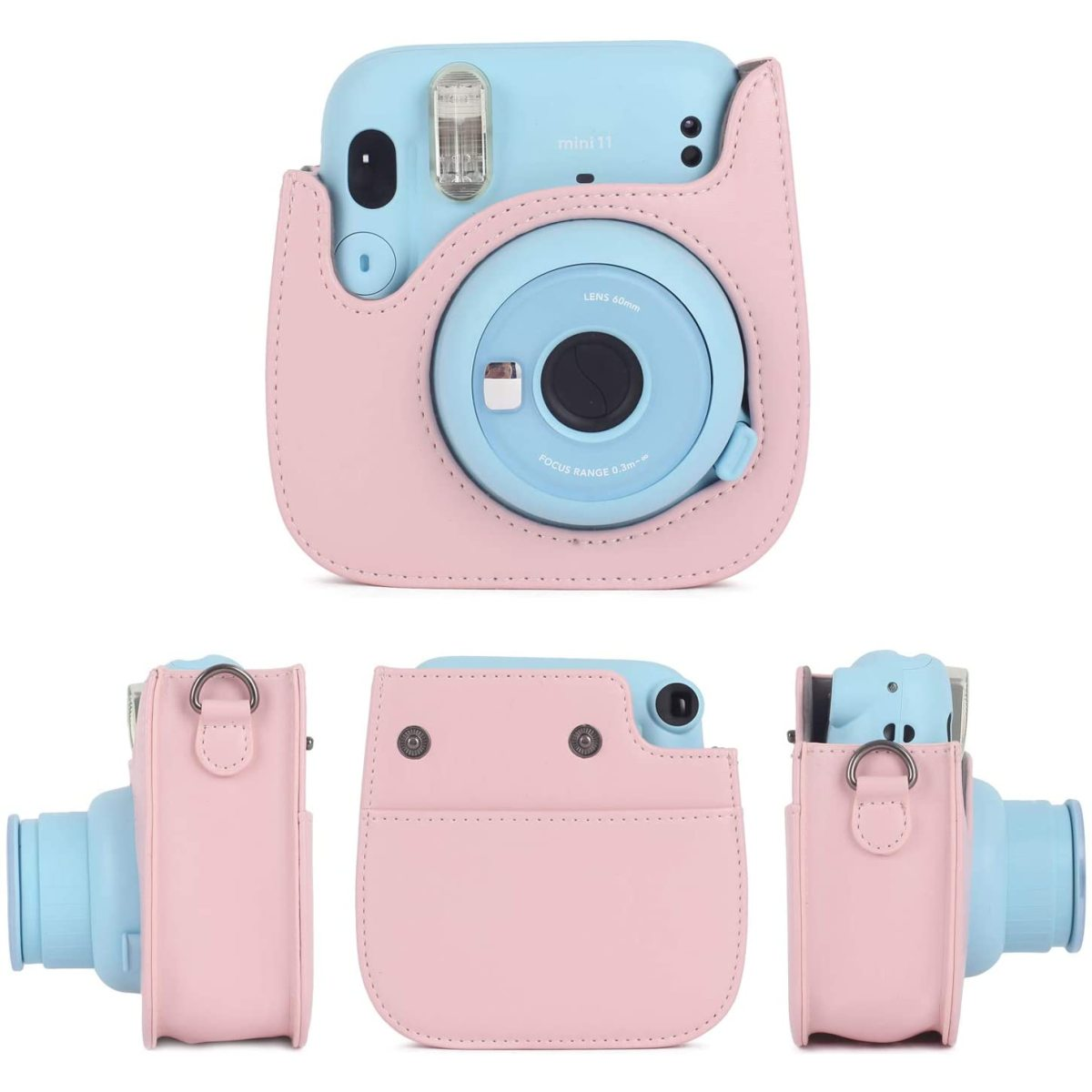 Eine rosa Kameratasche mit einer blauen Kamera darin. Es gibt verschiedene Ansichten.