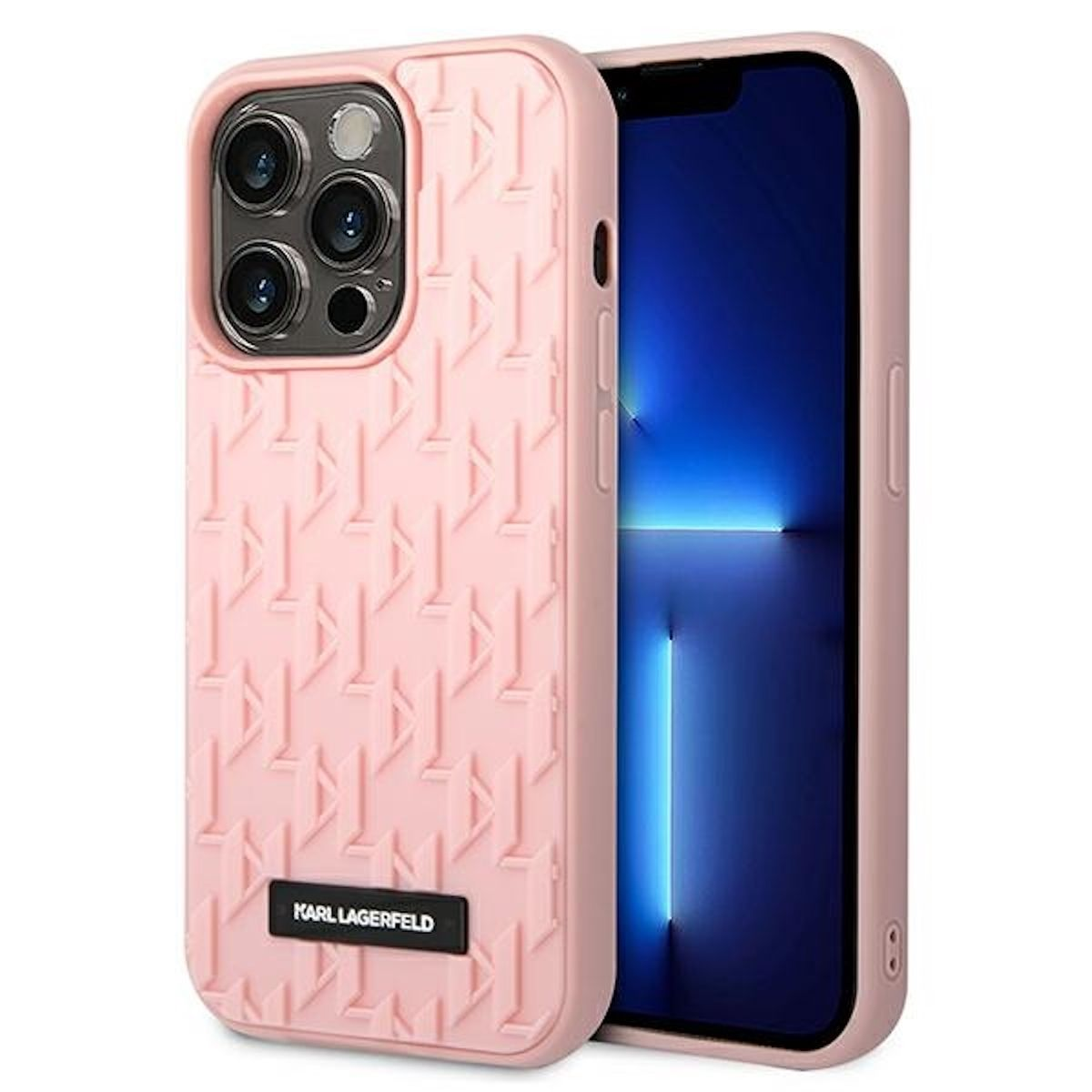 Rosa iPhone-Hülle mit Muster und 'KARL LAGERFELD' Logo. Das Telefon ist darin.