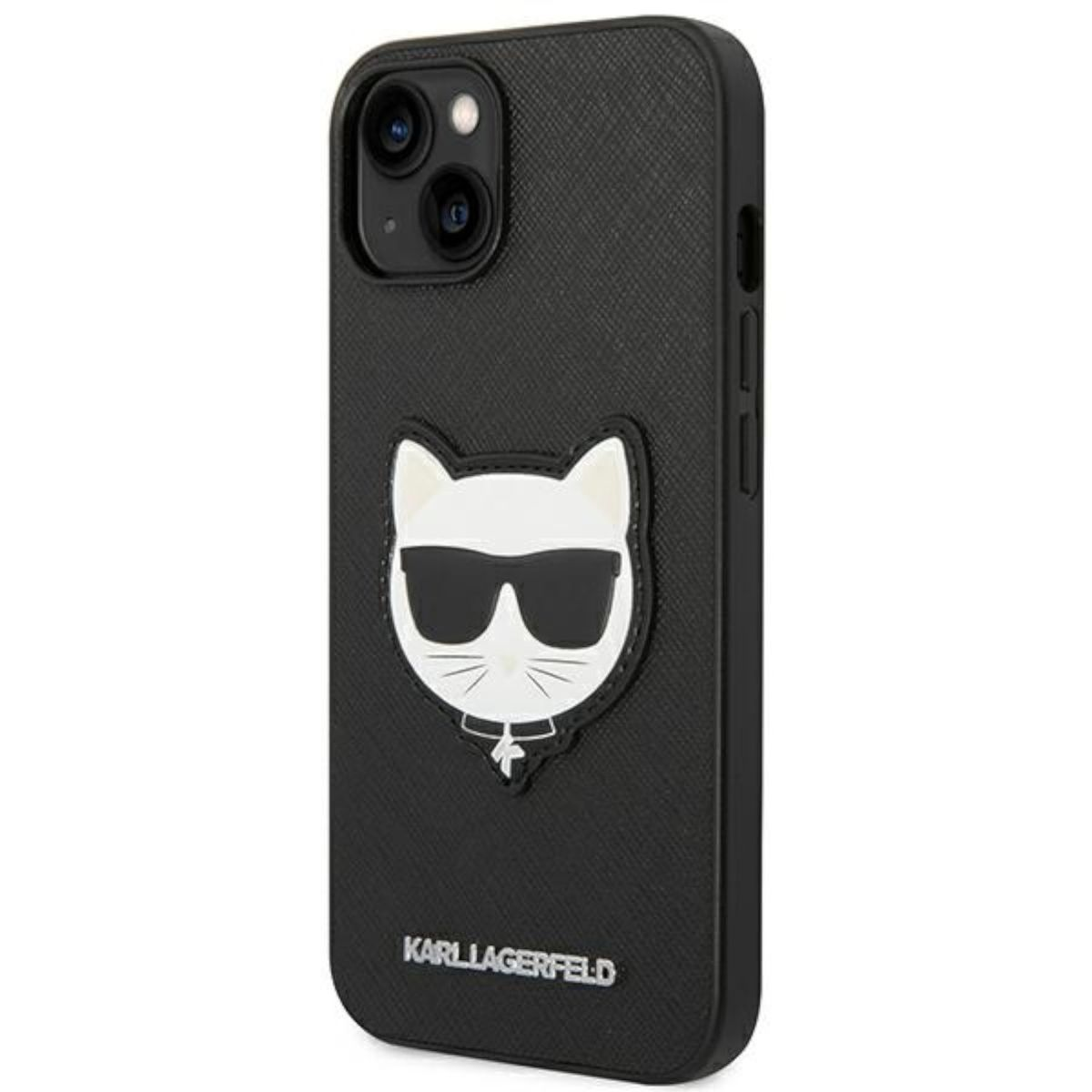 Custodia nera per telefono con design a volto di gatto. La custodia ha occhiali da sole e il nome del marchio.