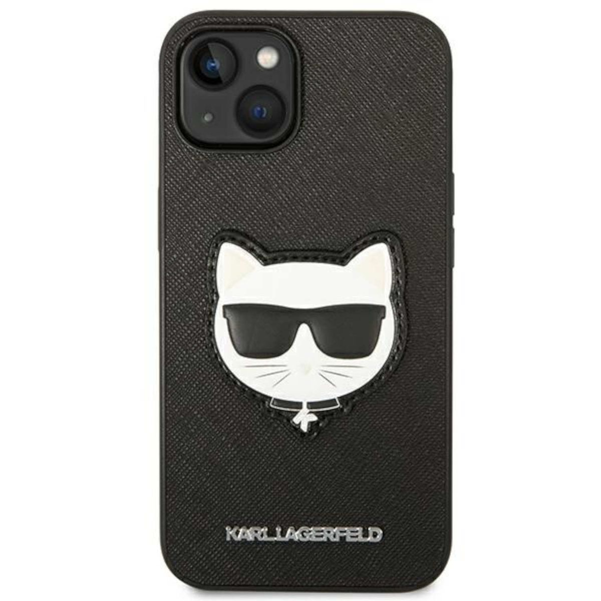 Custodia per telefono nera con un design di gatto Karl Lagerfeld.