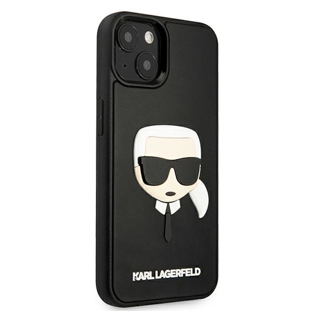 Custodia per telefono nera con un design Karl Lagerfeld. Illustrazione della testa bianca. Sfondo nero.