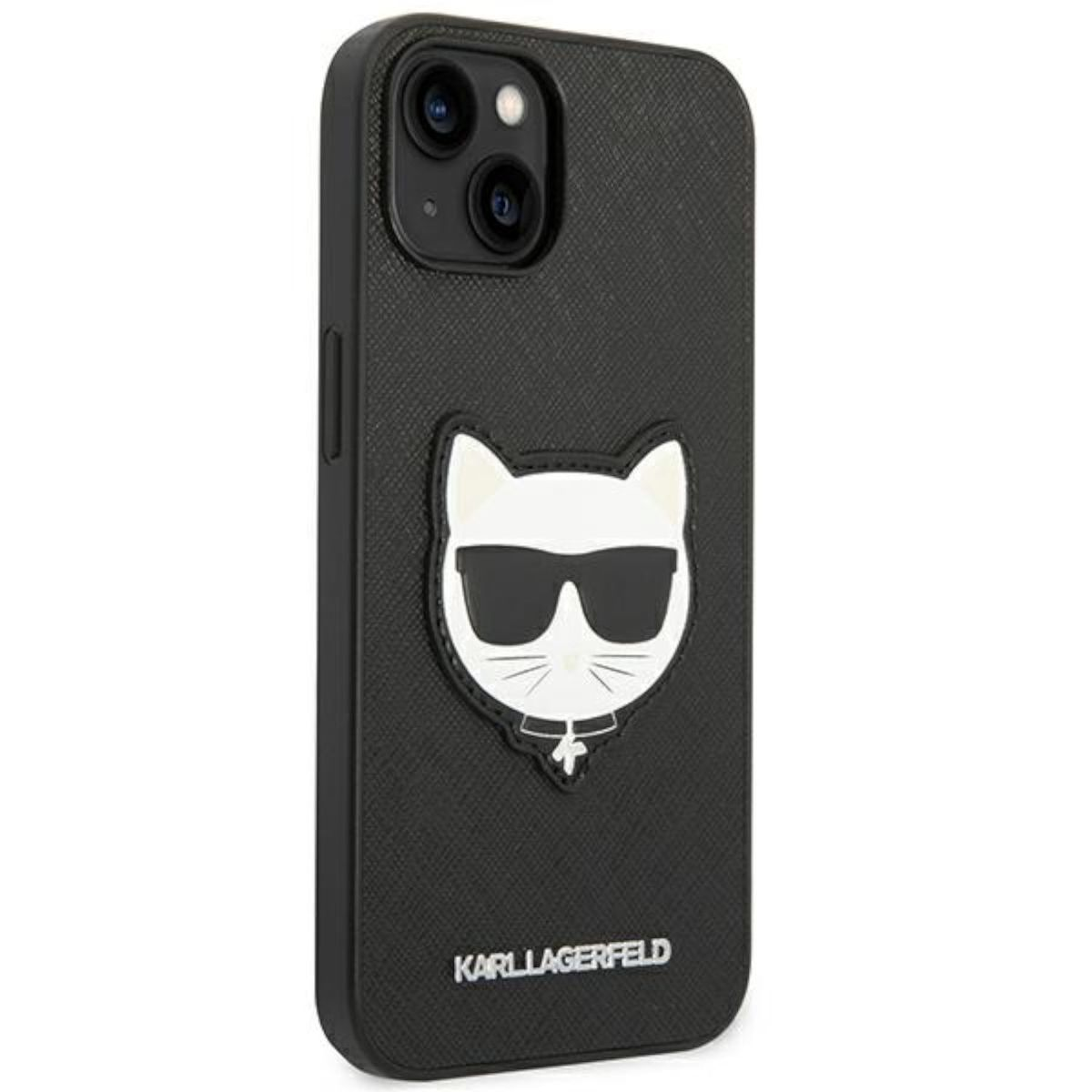 Custodia nera per telefono con logo gatto bianco e occhiali da sole neri.