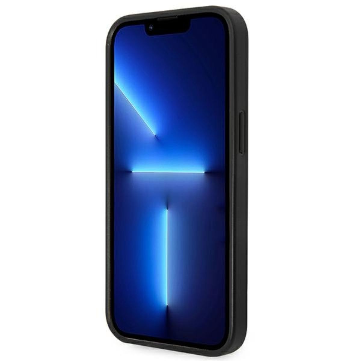 Uno smartphone nero con sfondo blu brillante sullo schermo e una custodia nera.