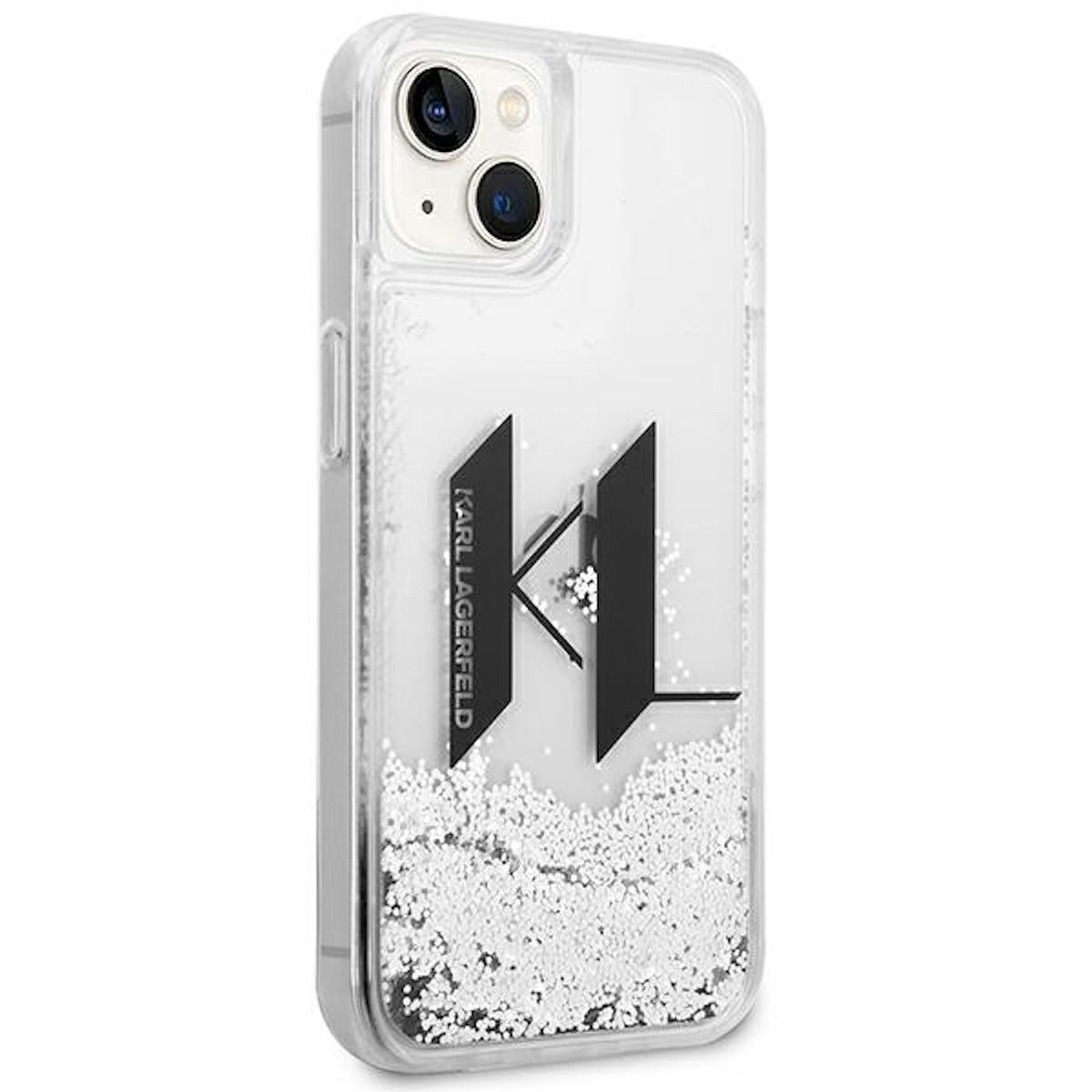 Transparente Handyhülle mit Glitzer und Karl Lagerfeld Logo, vor weißem Hintergrund.