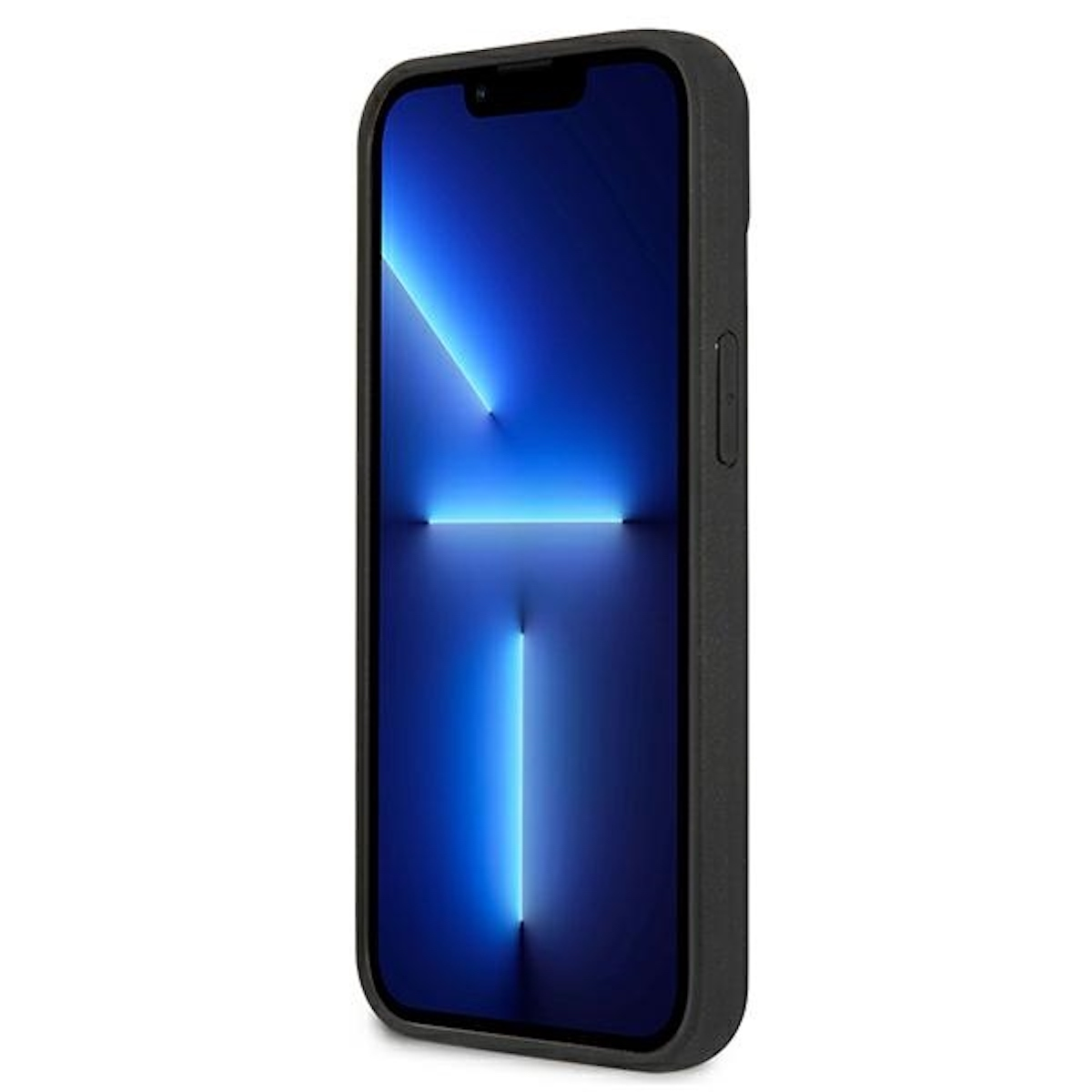 Un iPhone nero in una custodia nera. Lo schermo mostra una sfumatura blu con linee luminose.