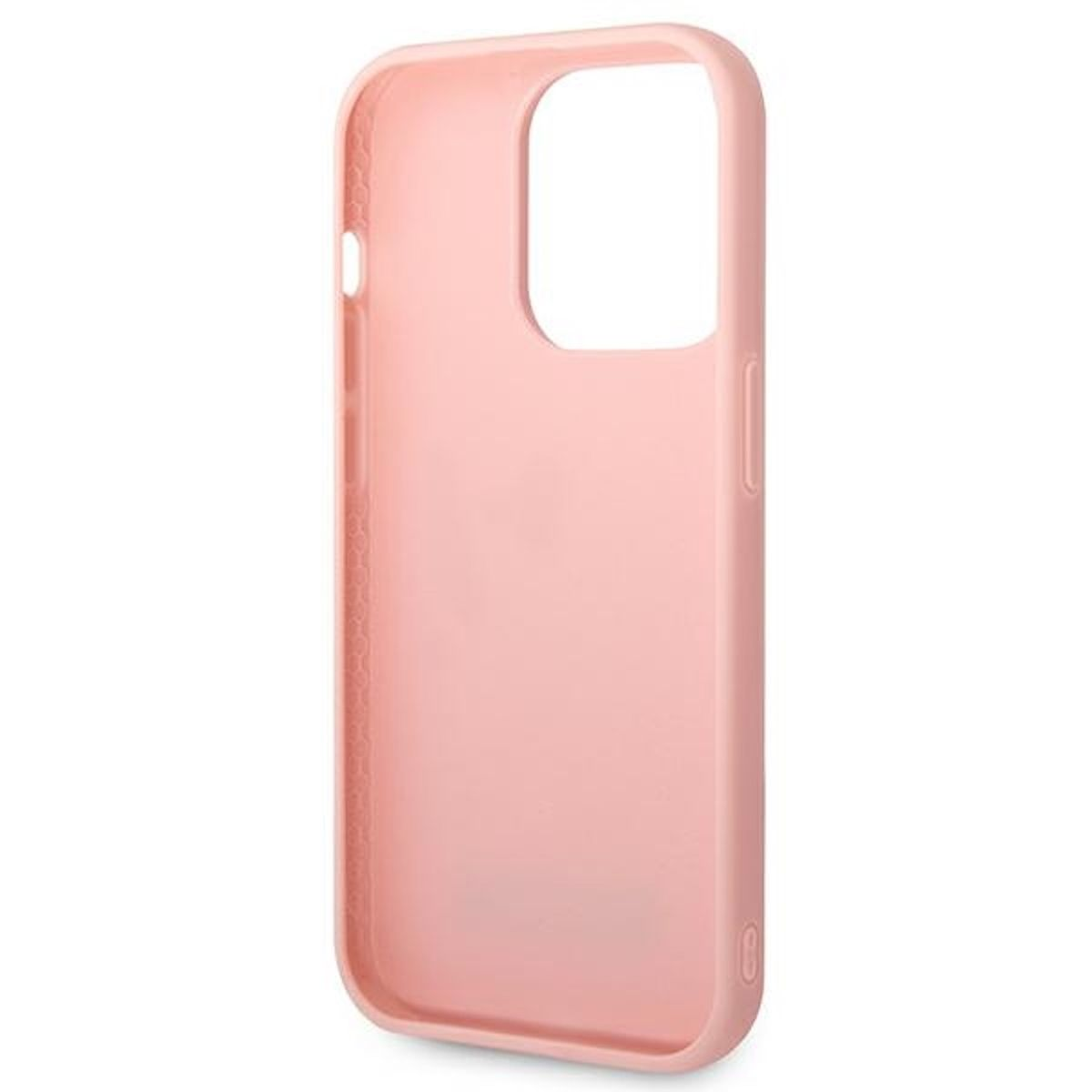 Eine rosa Handyhülle. Die Hülle hat eine einfarbige rosa Farbe und einen Ausschnitt für die Kamera.