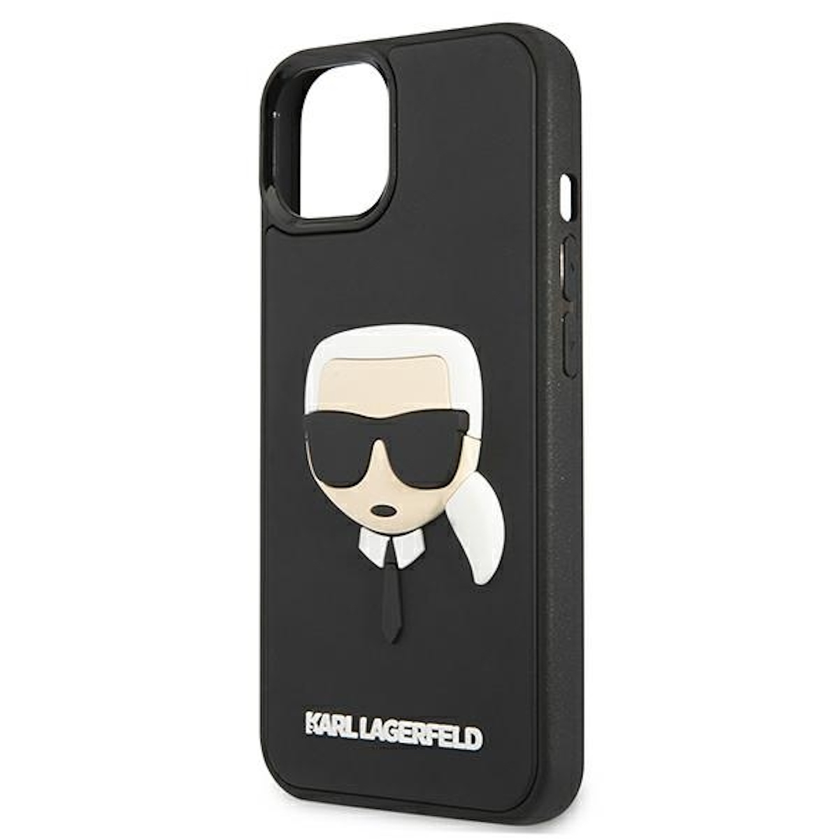 Una custodia per telefono nera con un design Karl Lagerfeld, sfondo bianco.