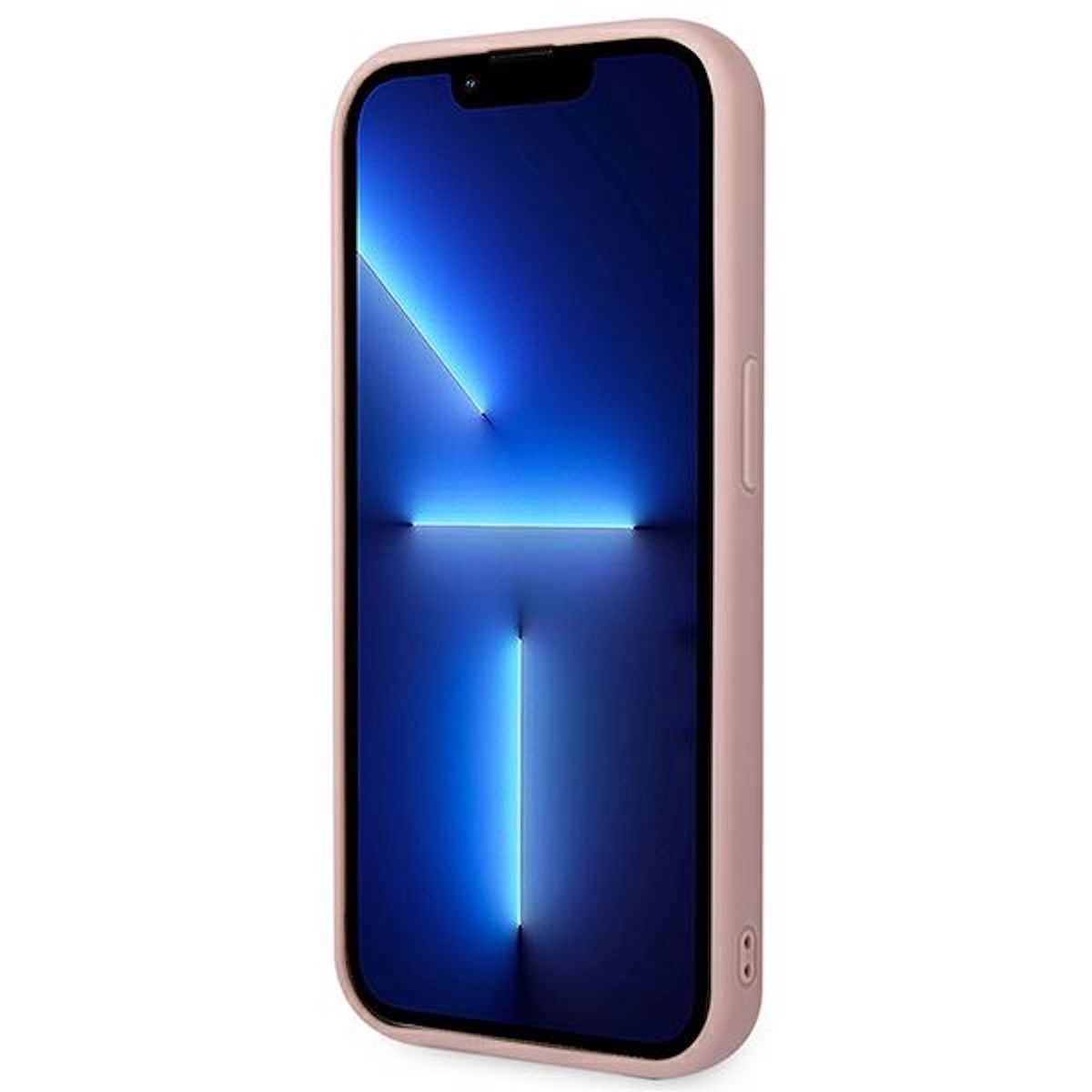 Eine rosa Handyhülle mit einem Handy darin. Der Handybildschirm zeigt ein blau-weißes abstraktes Bild.