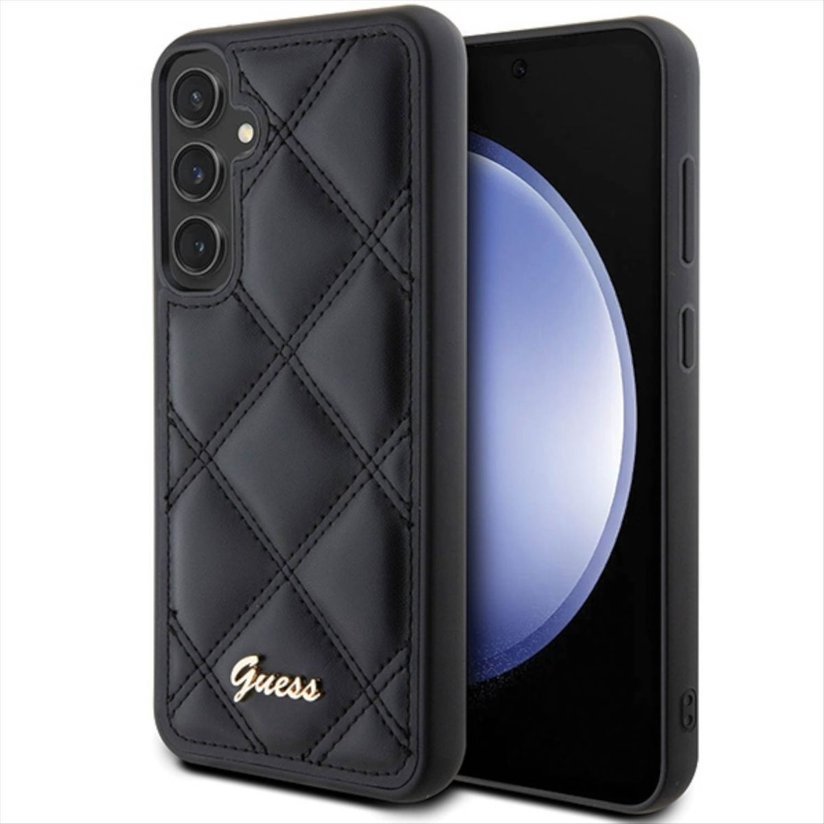 Custodia nera Guess con design trapuntato e logo Guess dorato.