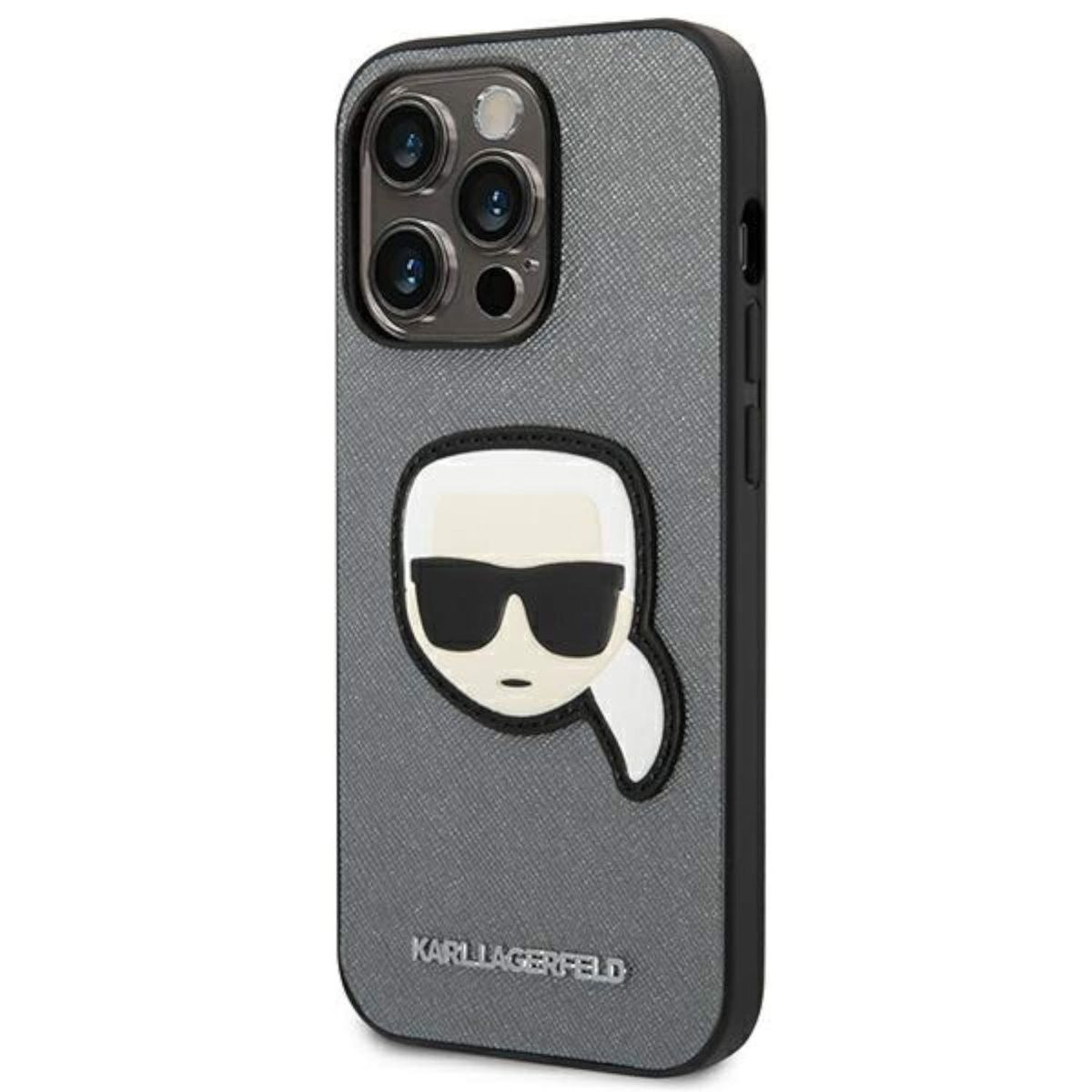 Una custodia grigia per telefono con bordo nero, con il logo Karl Lagerfeld con occhiali da sole.