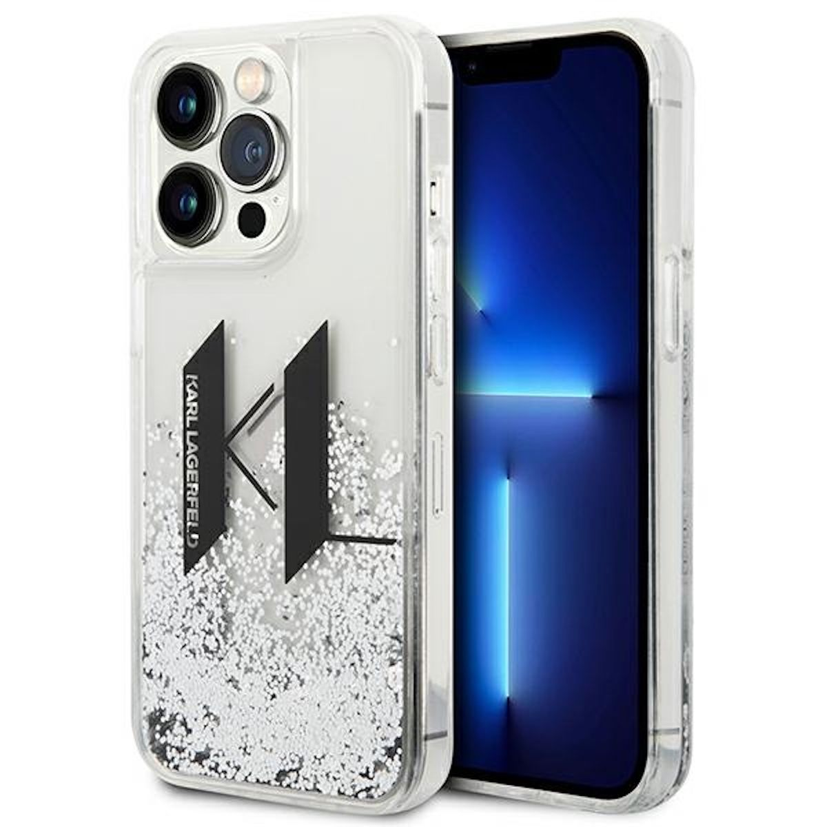 Ein Telefon in einer transparenten Hülle mit Glitzer und dem Karl Lagerfeld Logo.