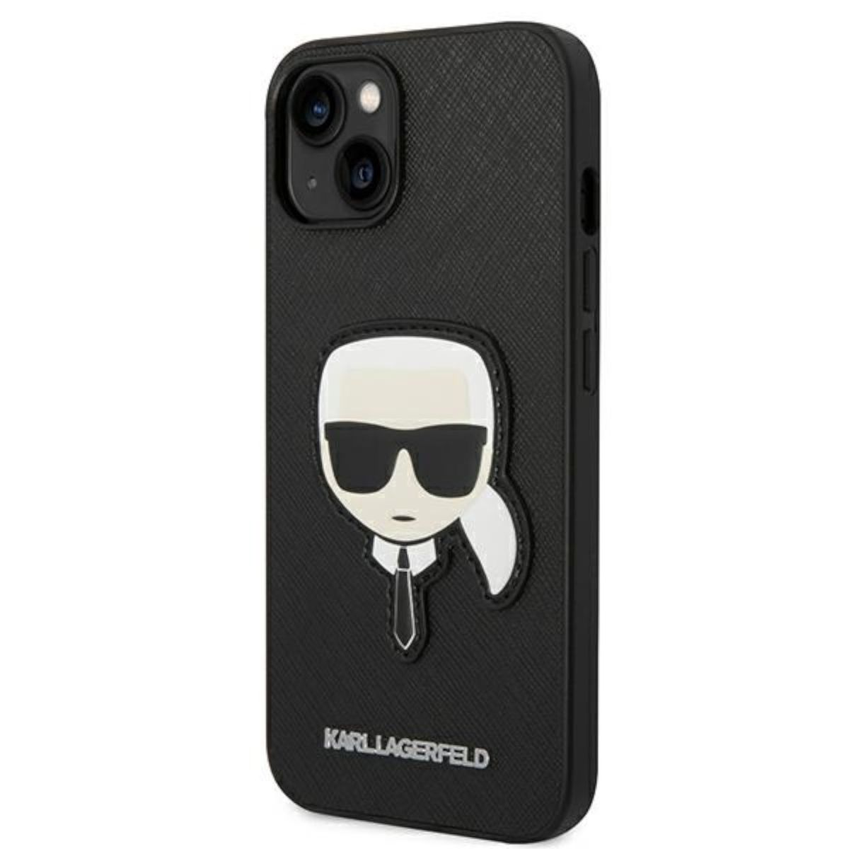 Custodia per telefono nera con un design Karl Lagerfeld con occhiali da sole e cravatta.