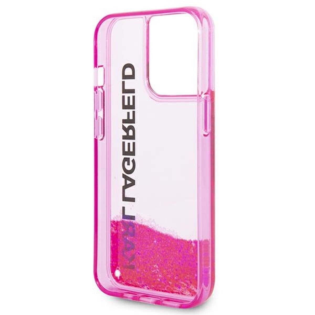 Custodia per telefono rosa con glitter, testo KARL LAGERFELD e ritaglio per telefono.
