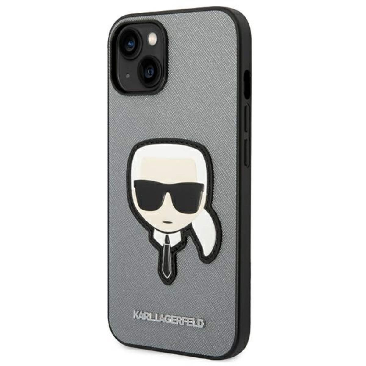Una custodia per telefono con un design Karl Lagerfeld su uno sfondo grigio.