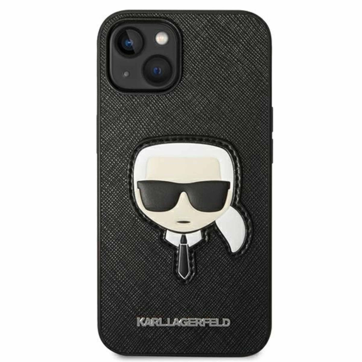 Custodia per iPhone nera con un design bianco Karl Lagerfeld. La custodia ha uno sfondo nero.