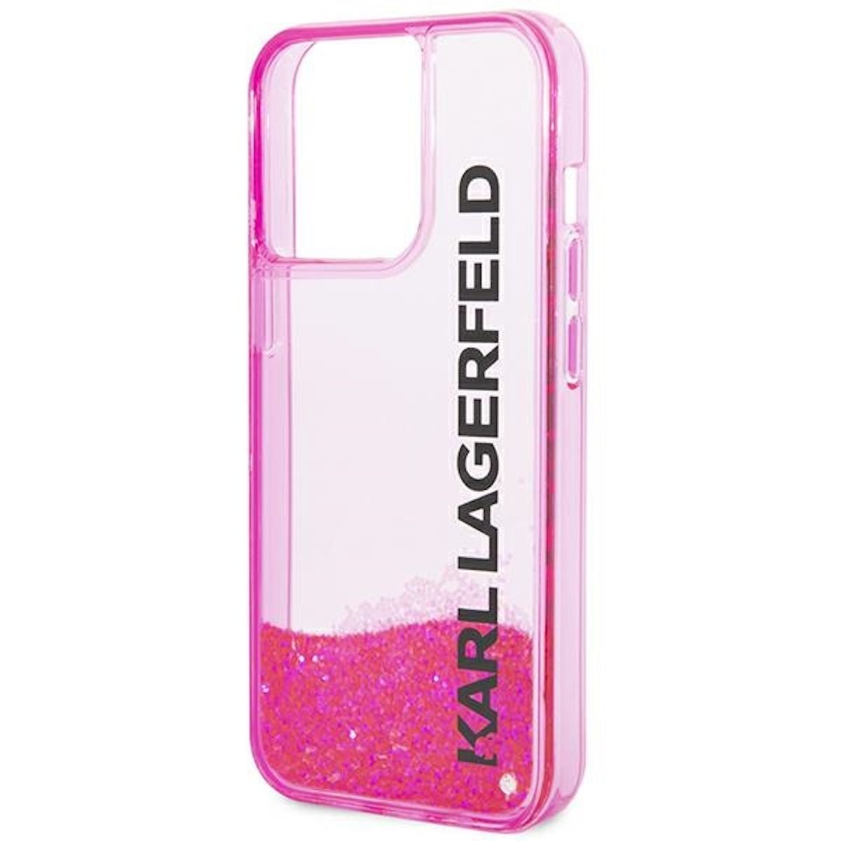 Custodia rosa per telefono con glitter e il testo KARL LAGERFELD in nero.