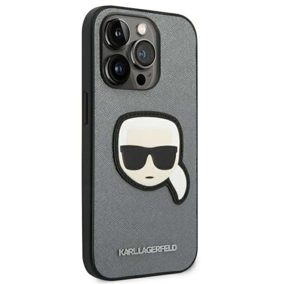 Custodia per telefono con logo Karl Lagerfeld, grigia, fotocamera del telefono visibile. Bianco.