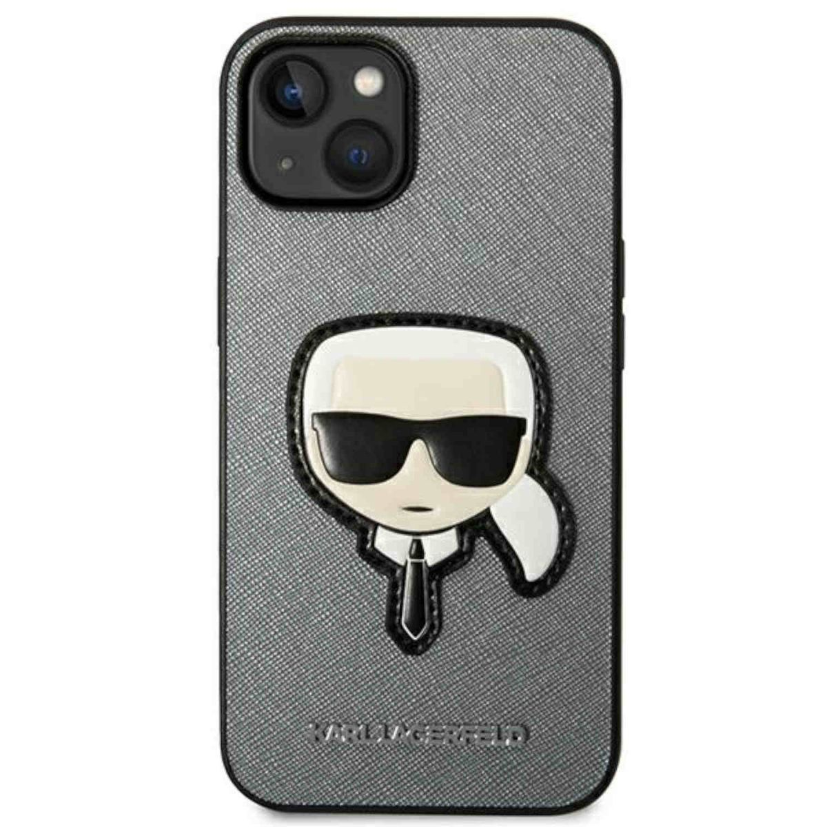Custodia per telefono con un design Karl Lagerfeld. Sfondo grigio strutturato.