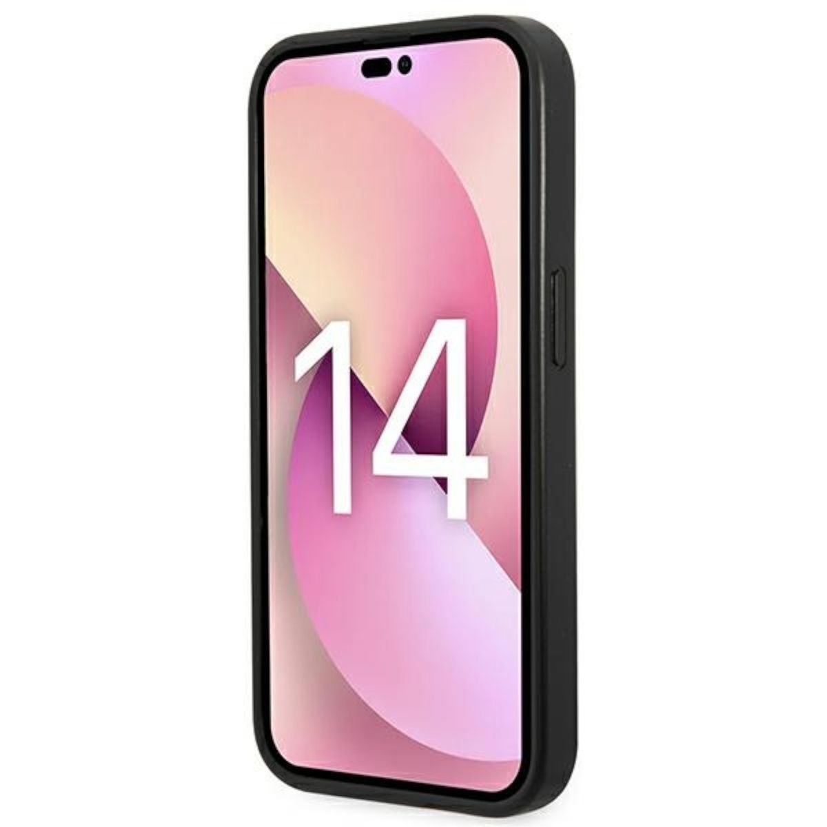 Un iPhone 14 nero in una custodia. Lo schermo mostra il numero 14 su sfondo rosa.