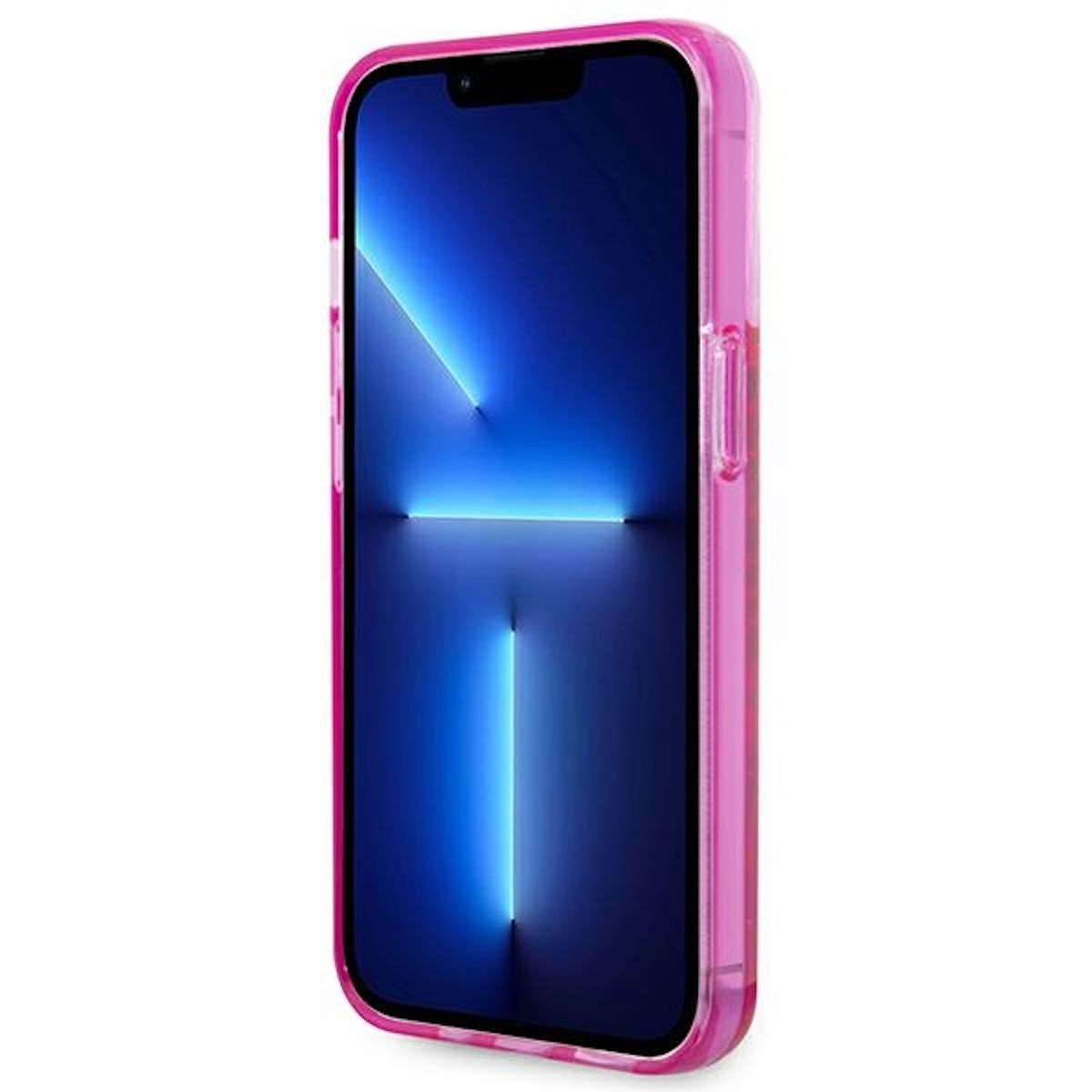 Un telefono rosa con schermo illuminato di blu in una custodia rosa.