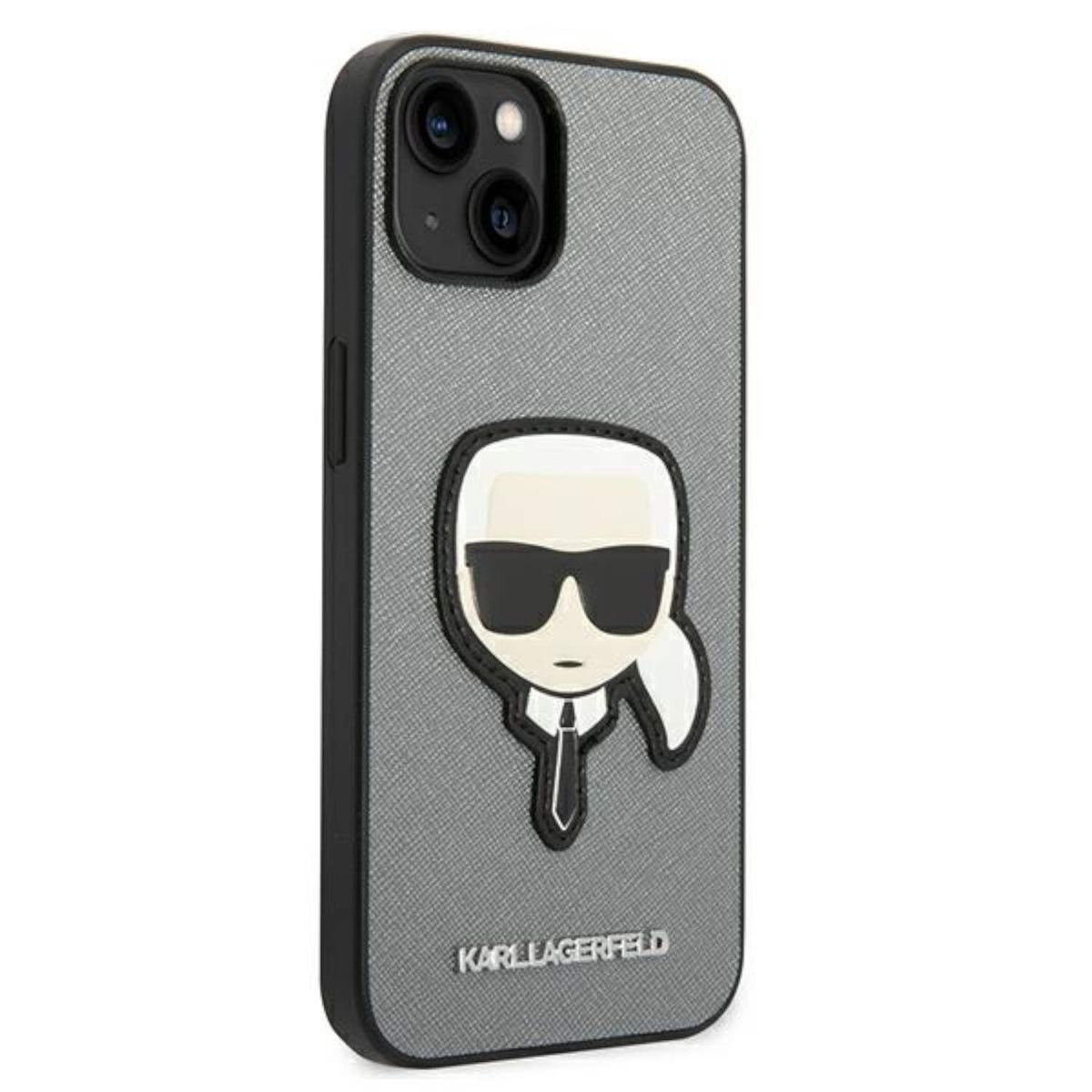 Una custodia grigia per telefono con un volto di cartone animato e il testo 'KARL LAGERFELD' in basso.