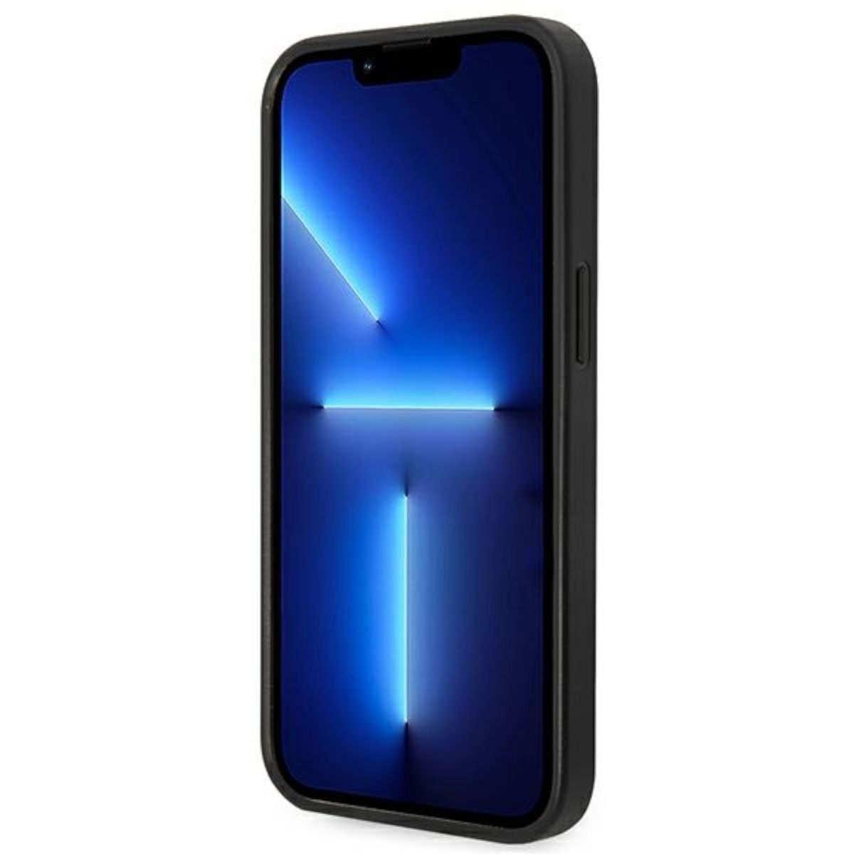 Telefono nero con schermo blu. È in una custodia nera.
