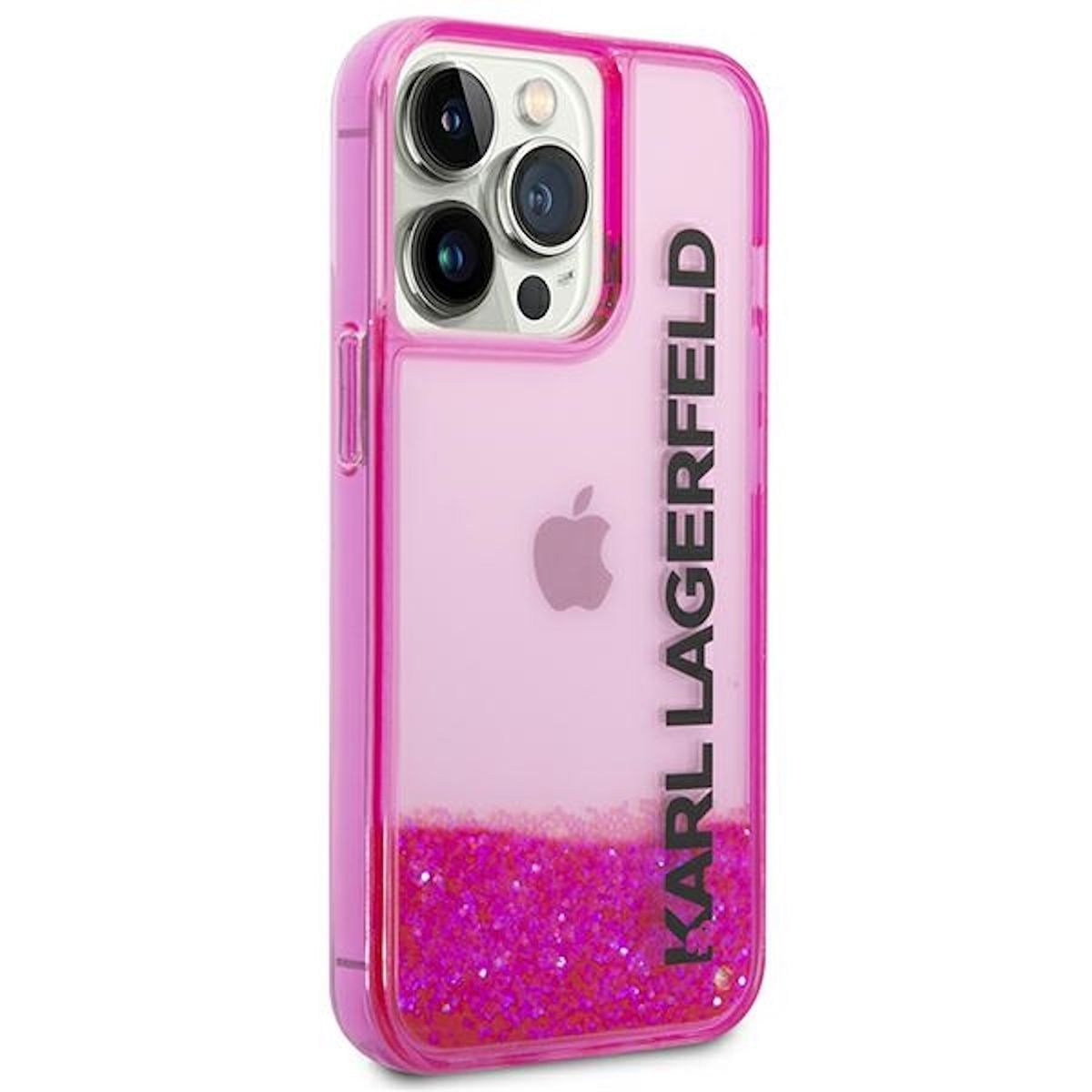 Custodia rosa per telefono con testo Karl Lagerfeld, glitter rosa e un logo Apple.