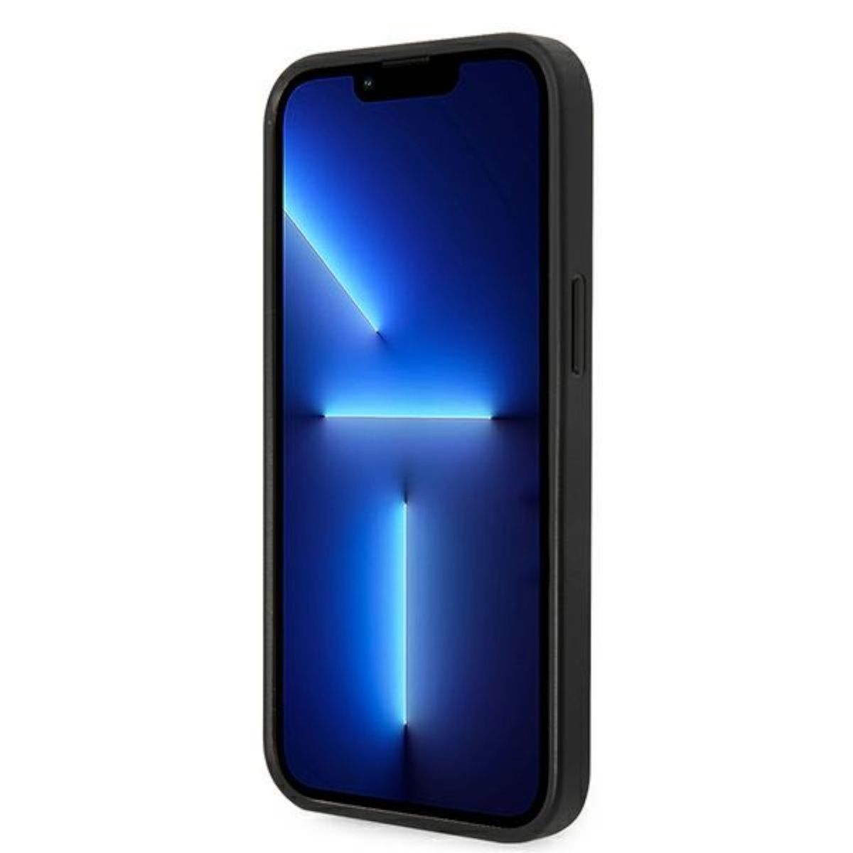 Una custodia per telefono nera con schermo blu su sfondo bianco.