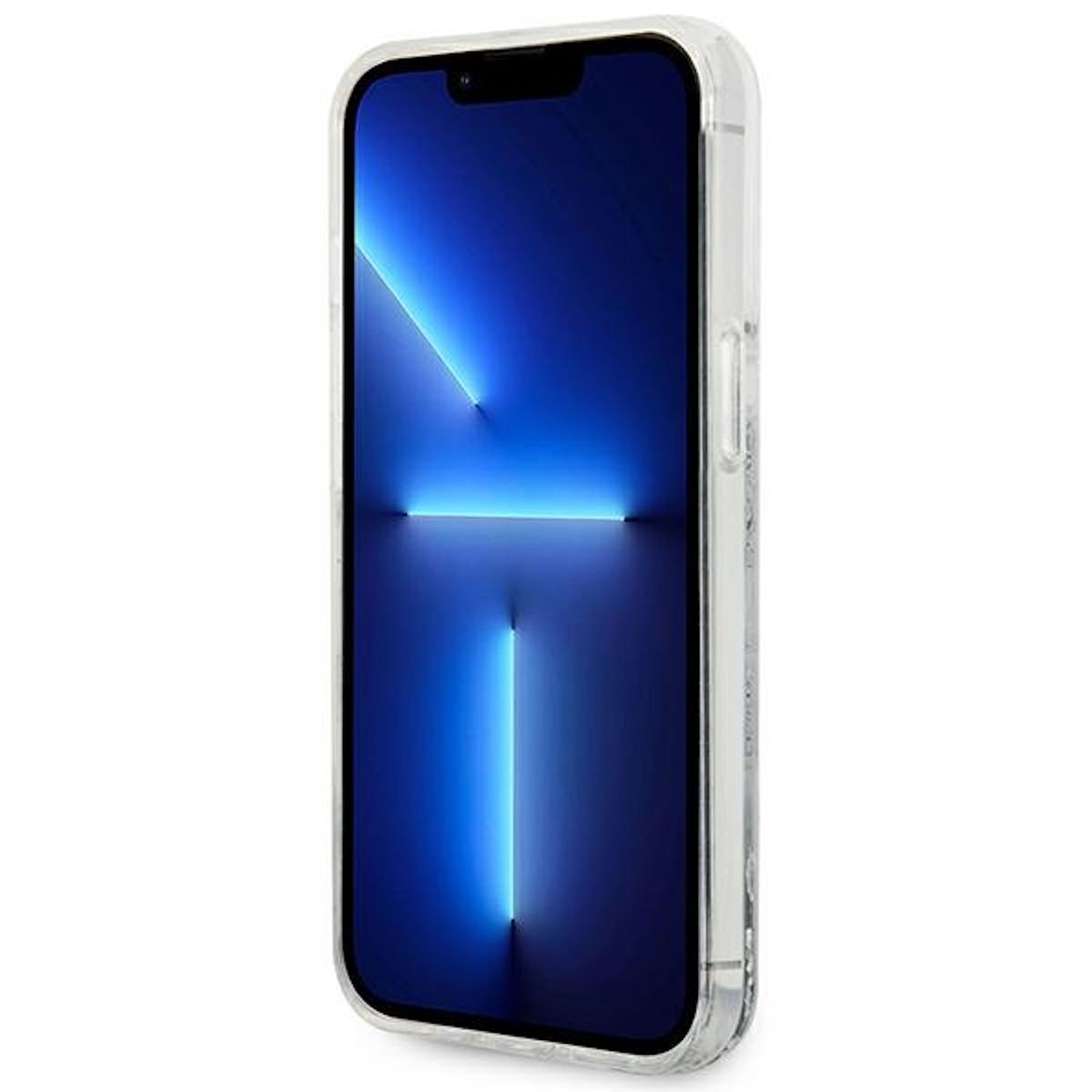 Ein iPhone in einer transparenten Hülle. Der Bildschirm zeigt ein blaues und weißes abstraktes Design.