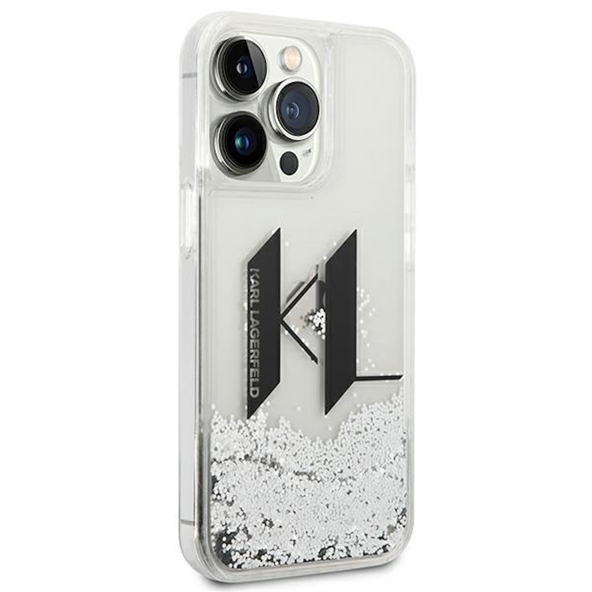 Transparente Handyhülle mit schwarzem 'K'-Logo und glitzernder Flüssigkeit. Karl Lagerfeld ist aufgedruckt.
