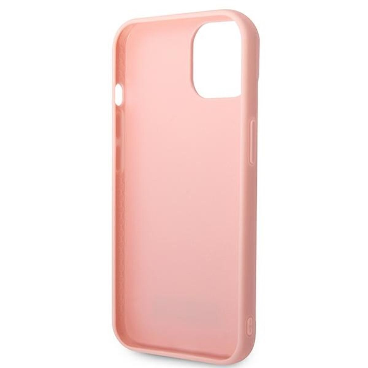 Una custodia per telefono rosa chiaro, aperta, con ritaglio per fotocamera su sfondo bianco.